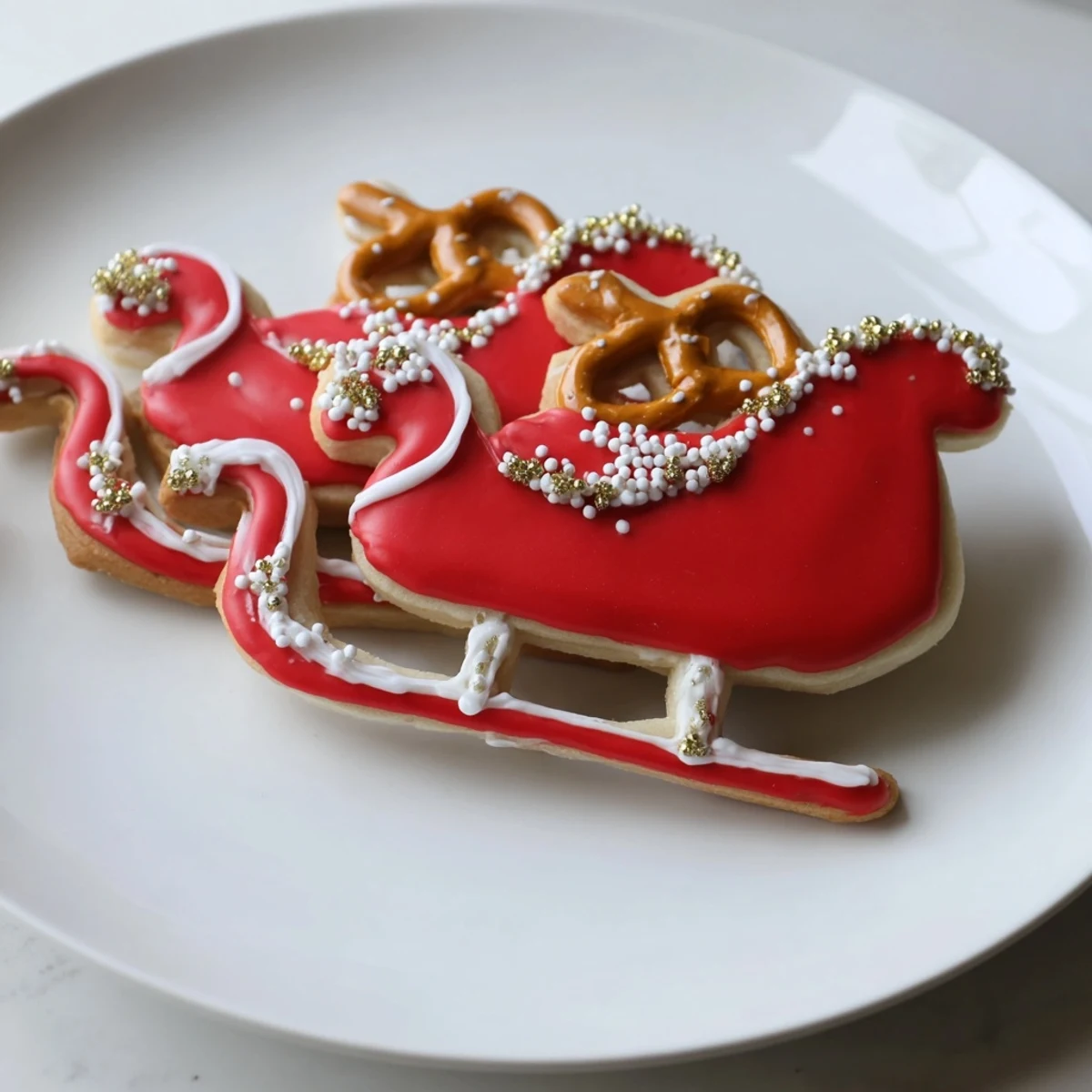 Vibrant Santa's Sleigh cookies, ready to be enjoyed, artfully arranged on a dessert platter for Christmas.