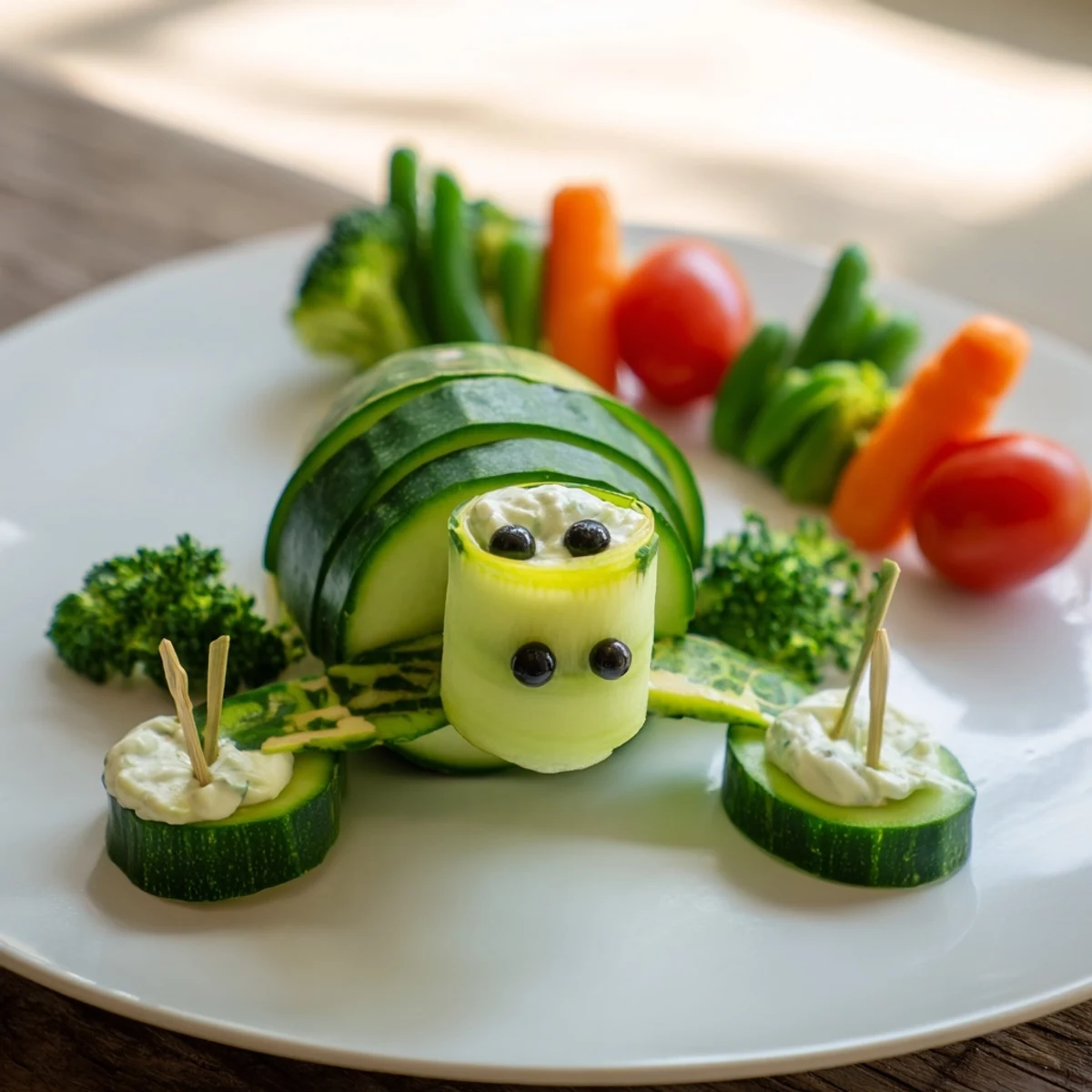 Brightly colored Slow & Savory Turtle Crudités served with creamy herb dip, a fun party-friendly snack.