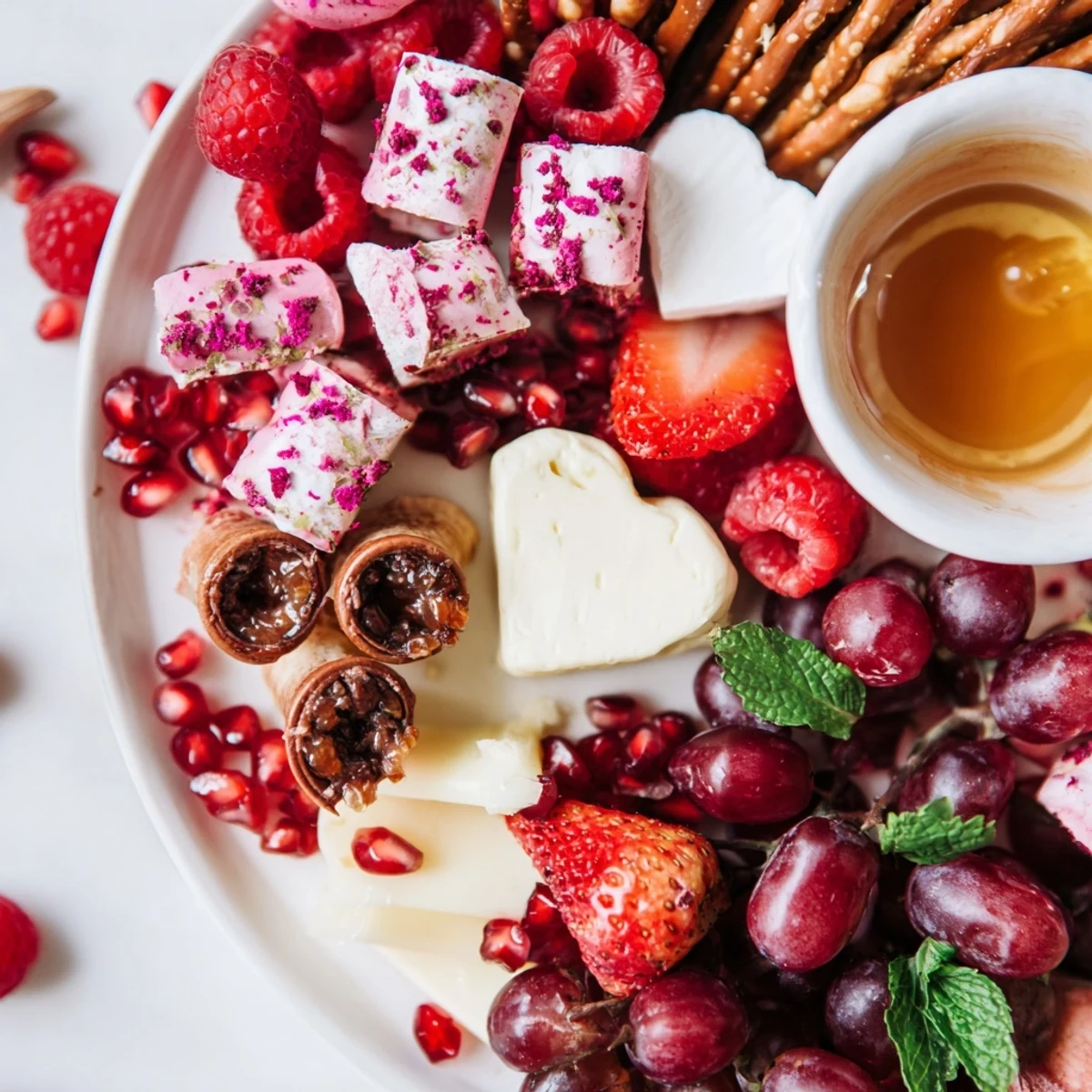 Sweetheart Valentine's Day Board: a colorful array of fruits and sweets perfect for sharing with one another.