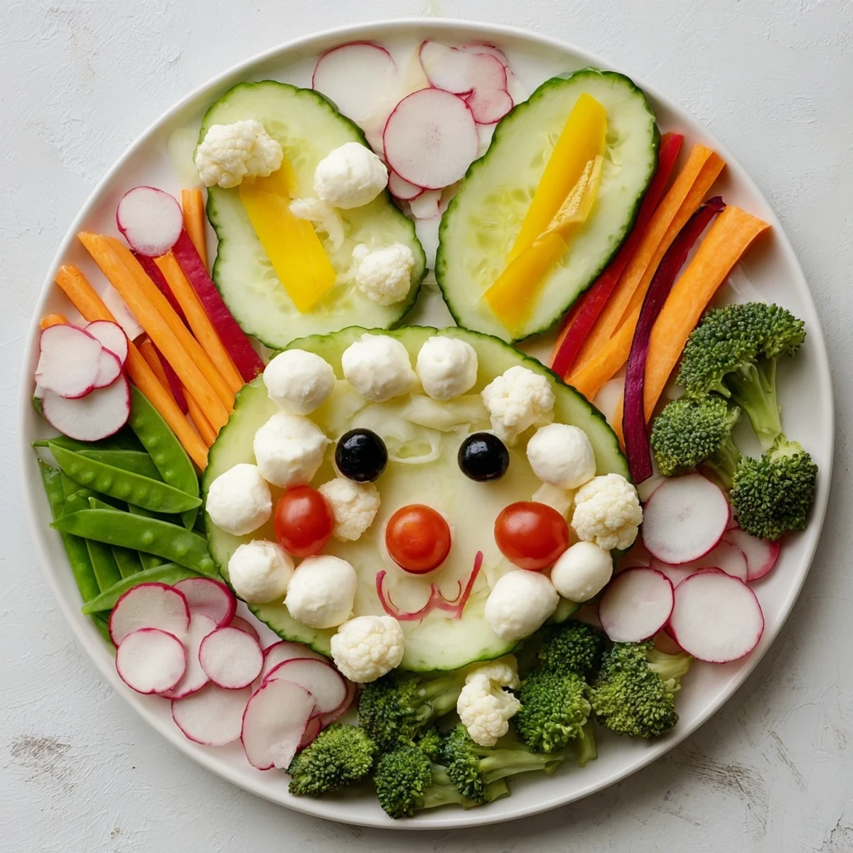 A vibrant Easter Bunny Spring Platter overflowing with colorful fresh vegetables, ideal for snacking.