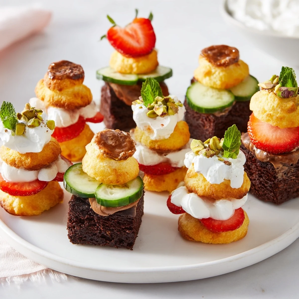 A beautifully stacked Tour dÉléphant Goûter Gourmand with fresh fruit and creamy layers.