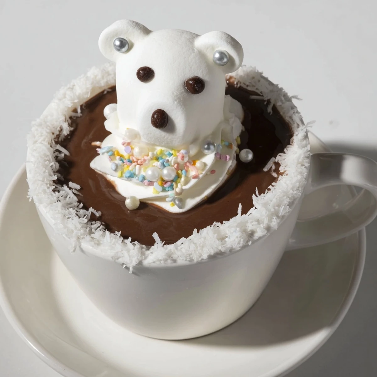 Steaming Polar Bear Hot Chocolate Platter, featuring whipped cream snowdrifts and adorable marshmallow bears.