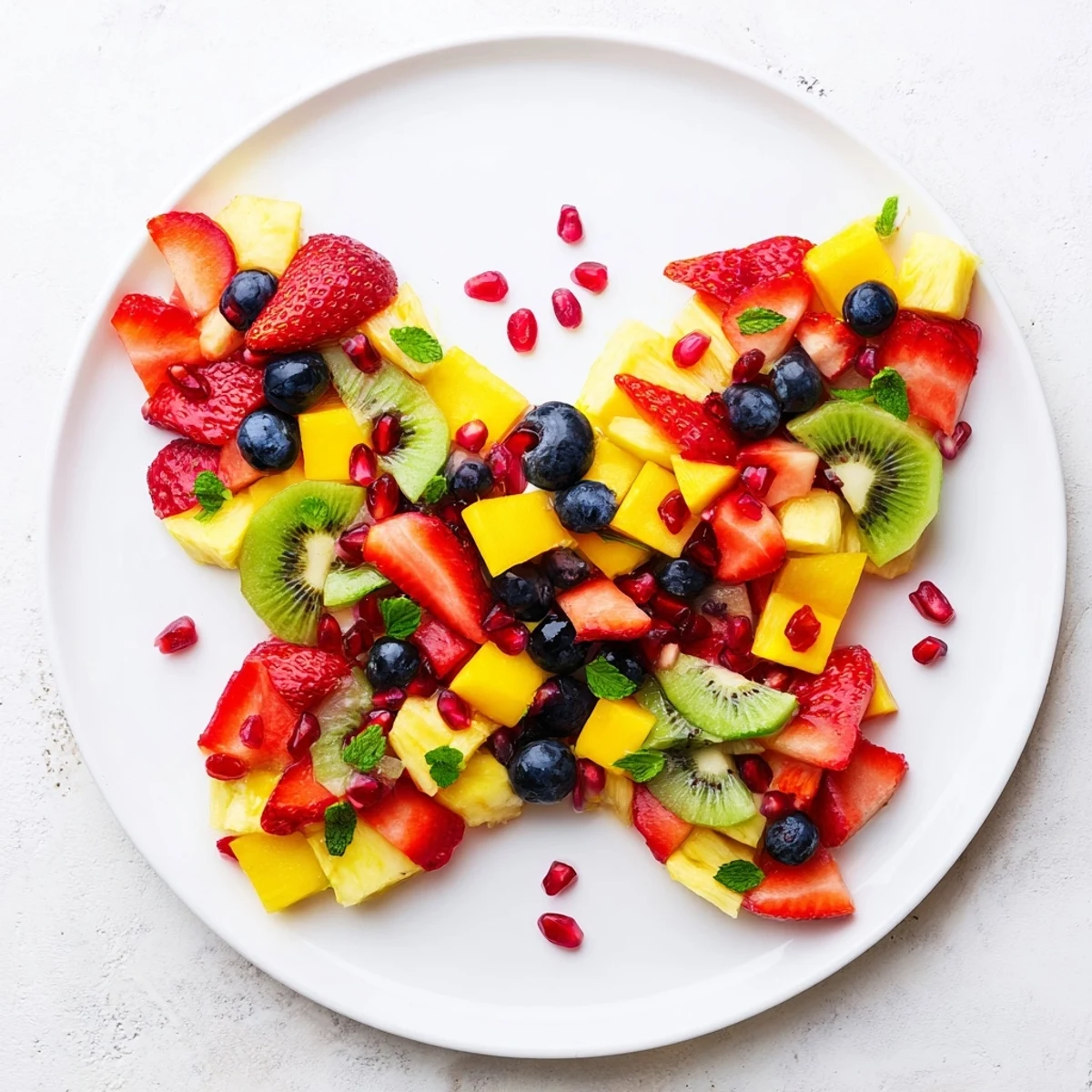 Papillon de Fruits d'Été Vifs butterfly, a colorful summer fruit salad, drizzled with honey and fresh mint.