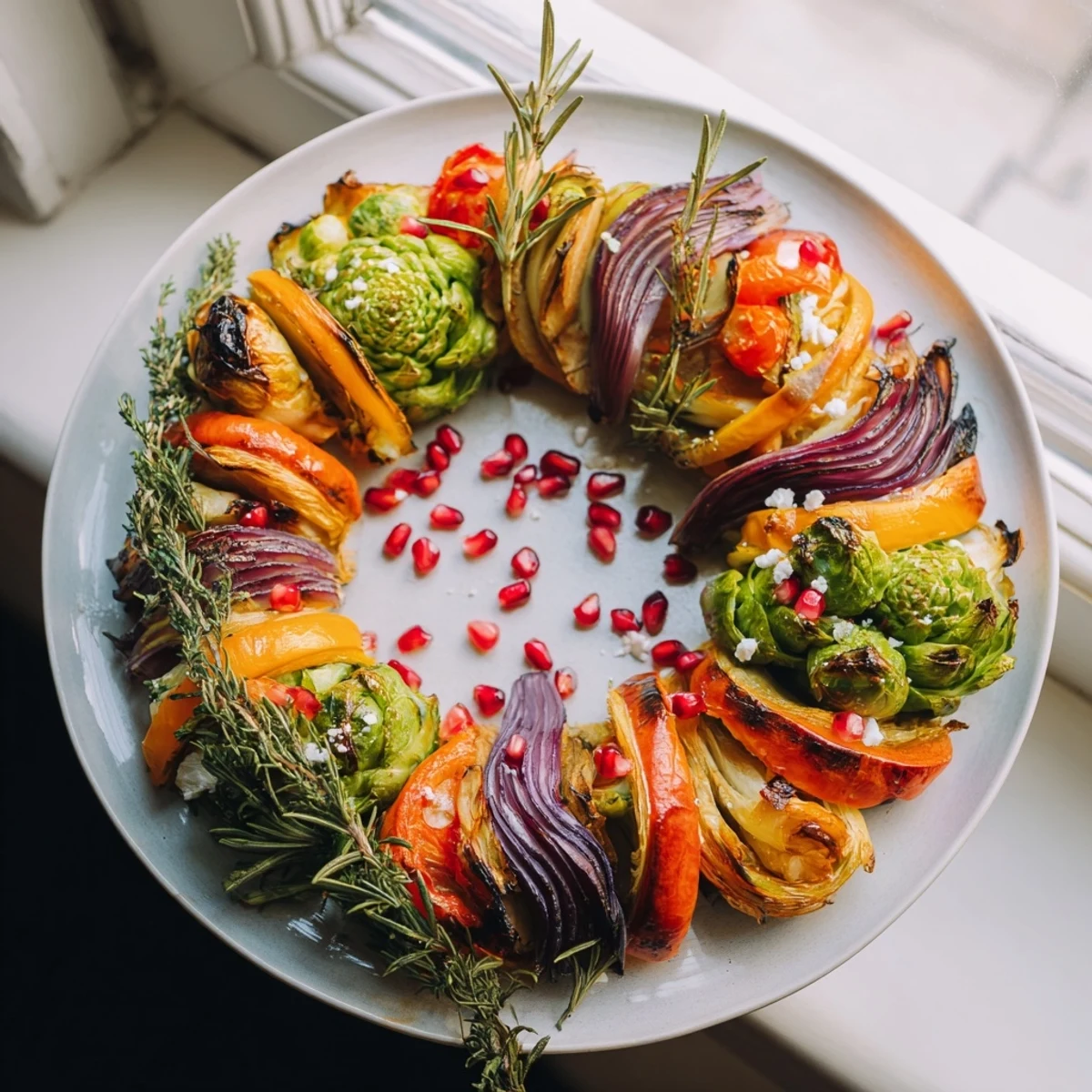 Roasted Festive Vegetable Christmas Wreath, a colorful and delicious holiday main dish.