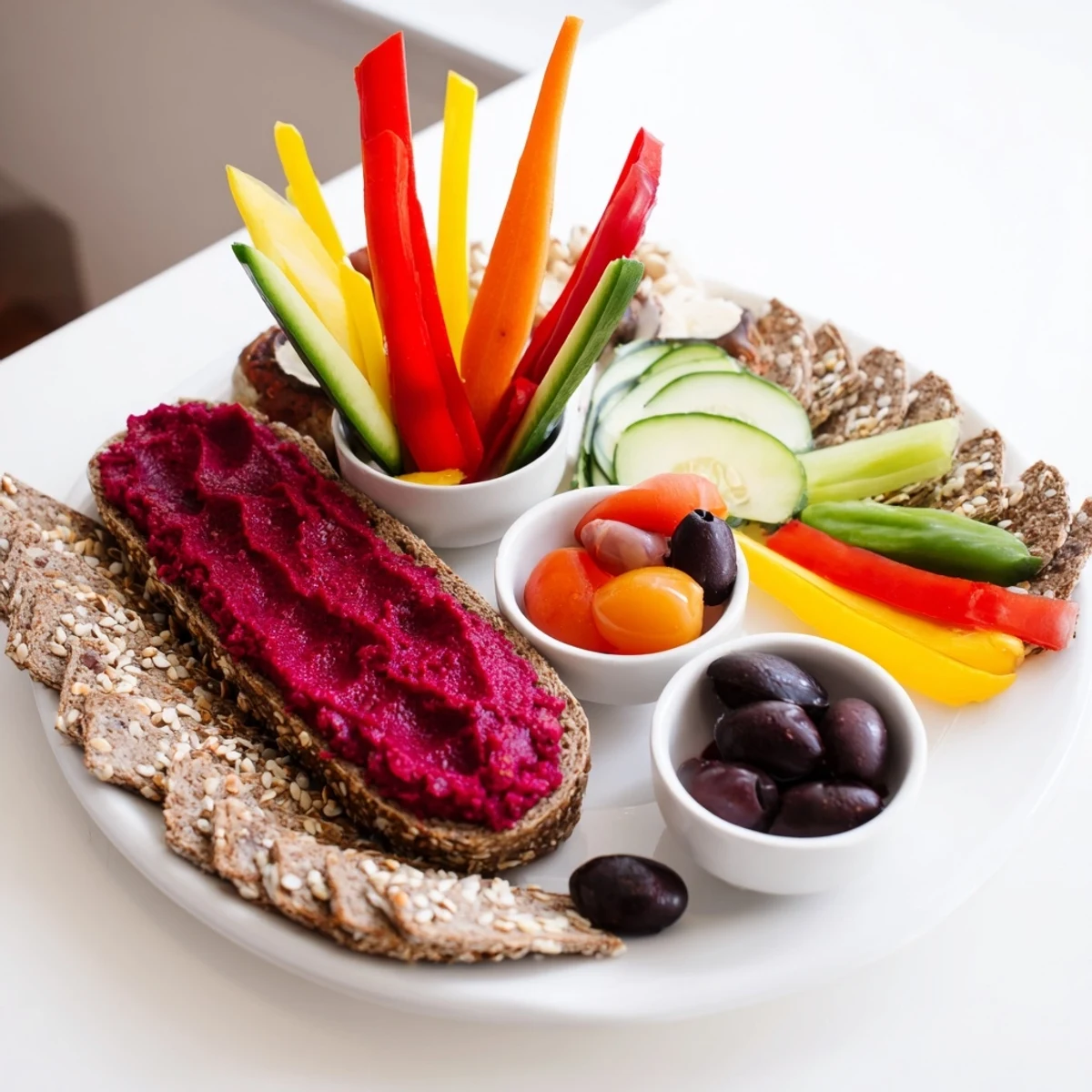 This charming Autumn Hedgehog Dip Platter shows a bread base covered in veggie sticks and olives for eyes.