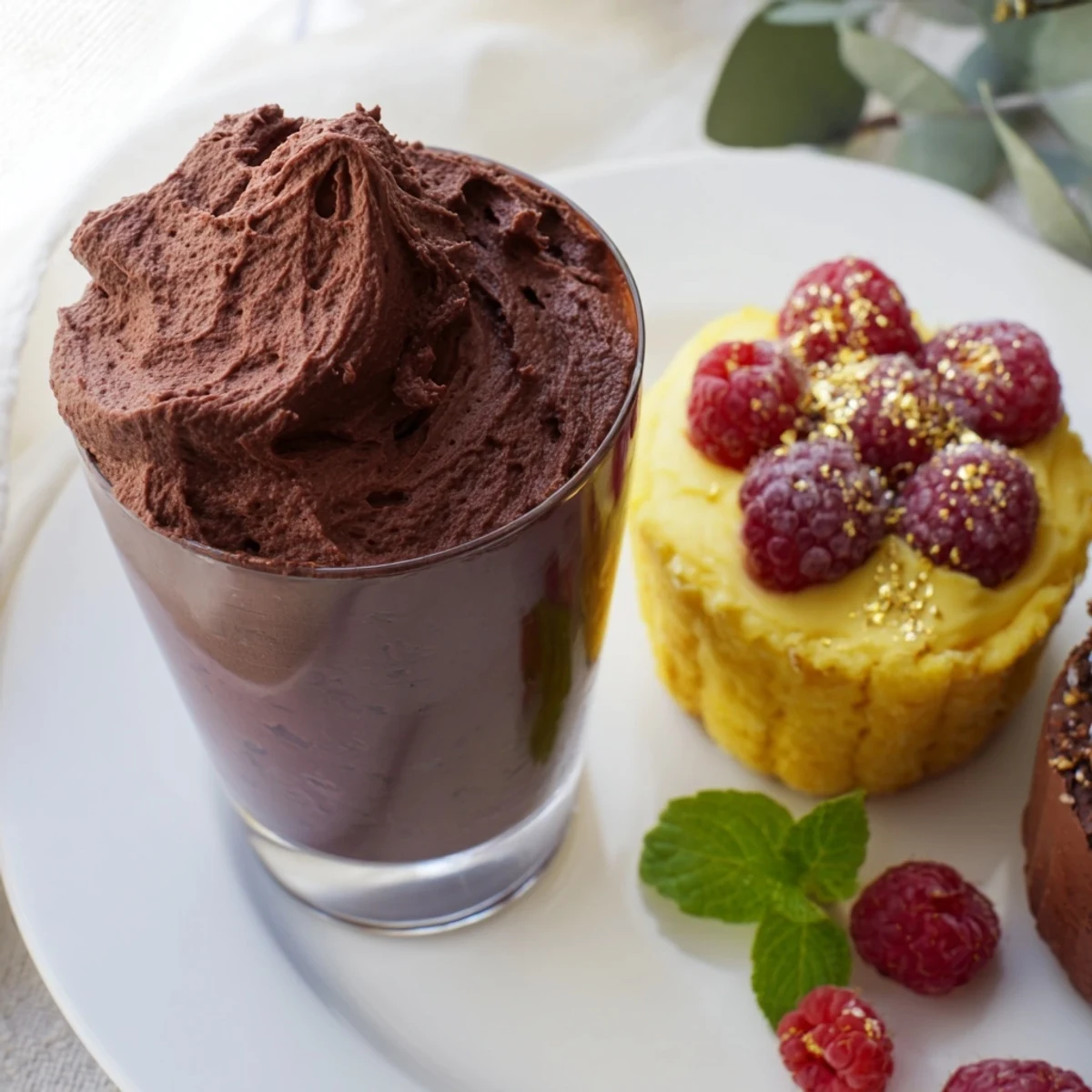 A beautifully arranged Assiette de Desserts Starry Delight featuring chocolate mousse and raspberry financiers.