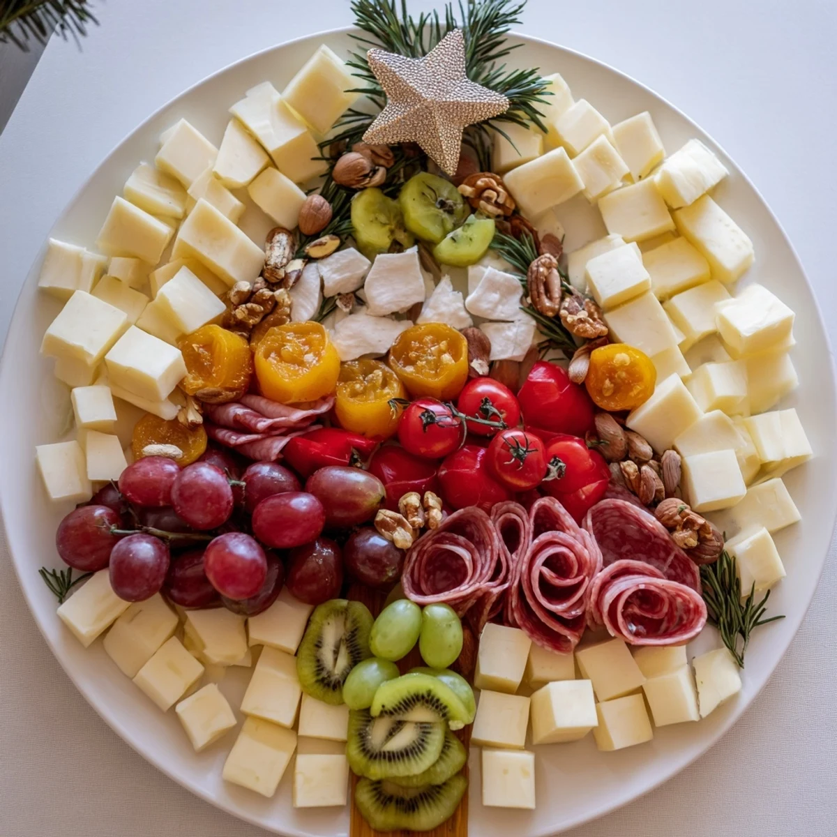 A delicious Festive Holiday Tree Appetizer Platter featuring brie, grapes, and nuts, ready for a party.