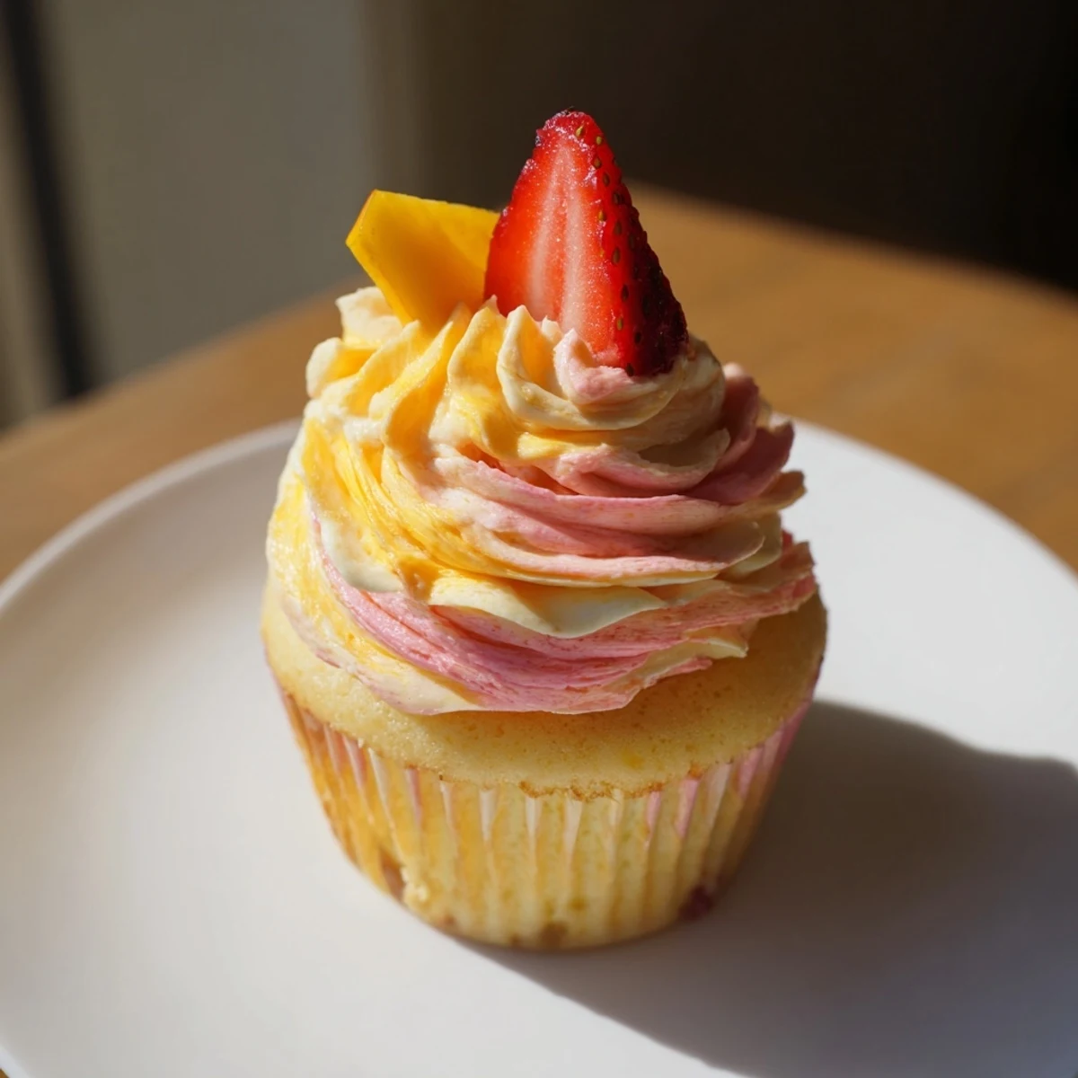 Mango Strawberry Sunset Cupcakes, with vibrant swirl buttercream, ready for summer celebrations and sharing.