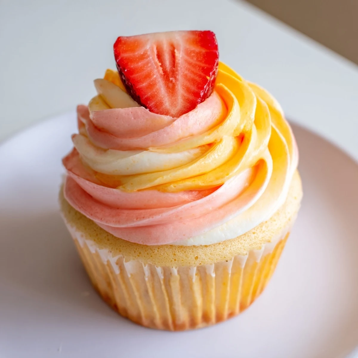 Freshly baked Mango Strawberry Sunset Cupcakes, boasting tropical flavors and sunset swirl frosting, a delight.