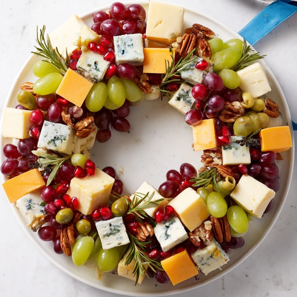Bright, colorful Holiday Wreath Cheese Ring appetizer, a tempting spread of cheese, grapes, and nuts.