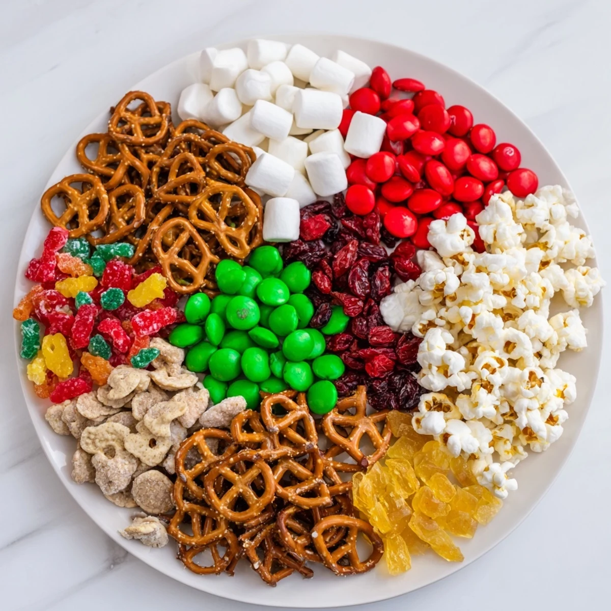Bright and festive Elf Snack Trail Mix board overflowing with colorful candies and savory snacks.