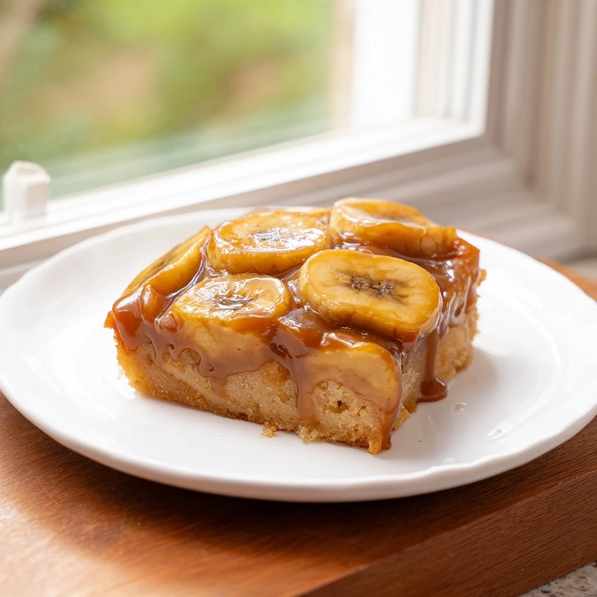 Golden-brown banana bread cake, featuring a caramelized banana topping, ready to be served.