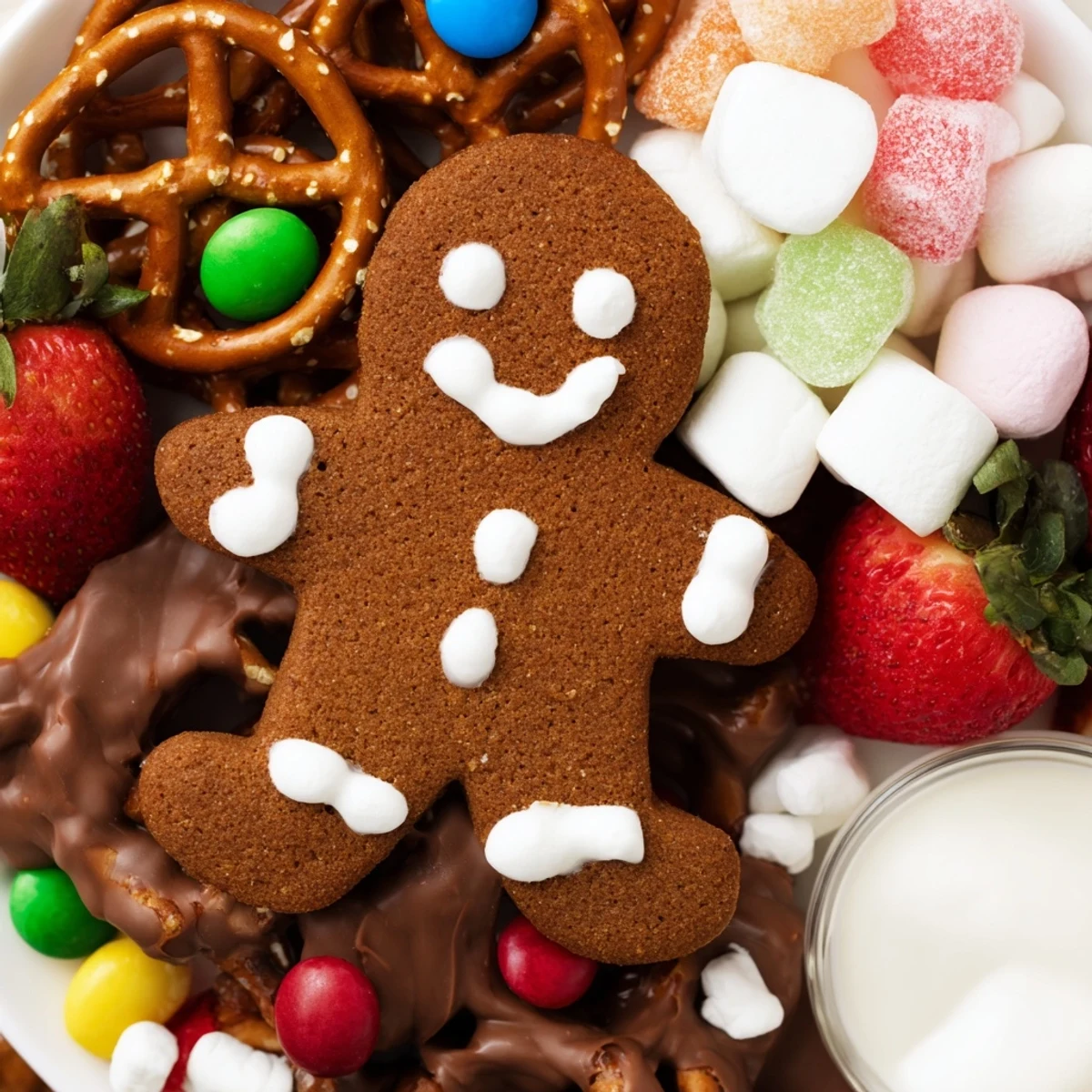 A beautifully arranged Gingerbread Man Cookie Board with colorful candies and fresh, juicy fruit.