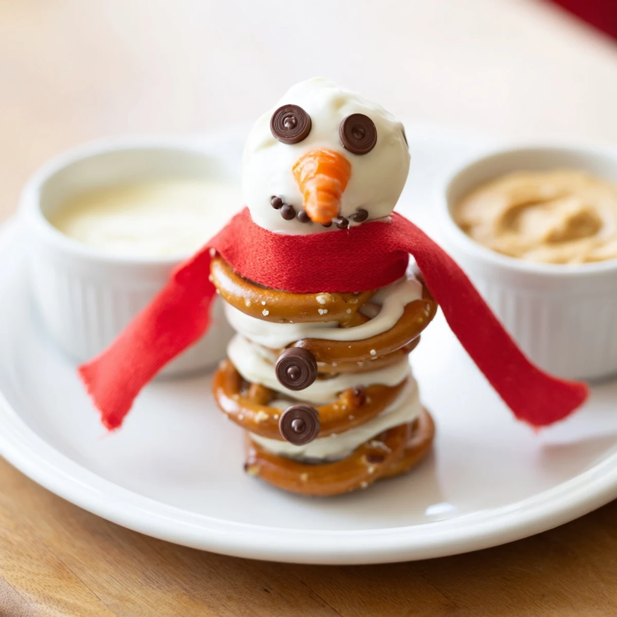 Snowman pretzel and dip platter: festive, edible snowmen arranged with creamy dips for a cheerful snack.