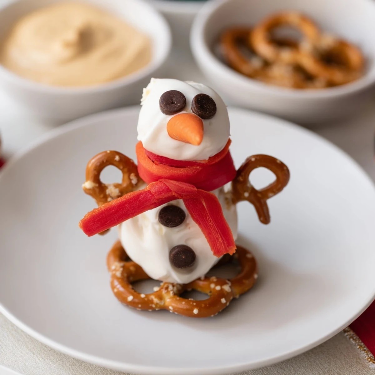 A close-up of a whimsical snowman pretzel platter, inviting you to enjoy this holiday appetizer with dips.