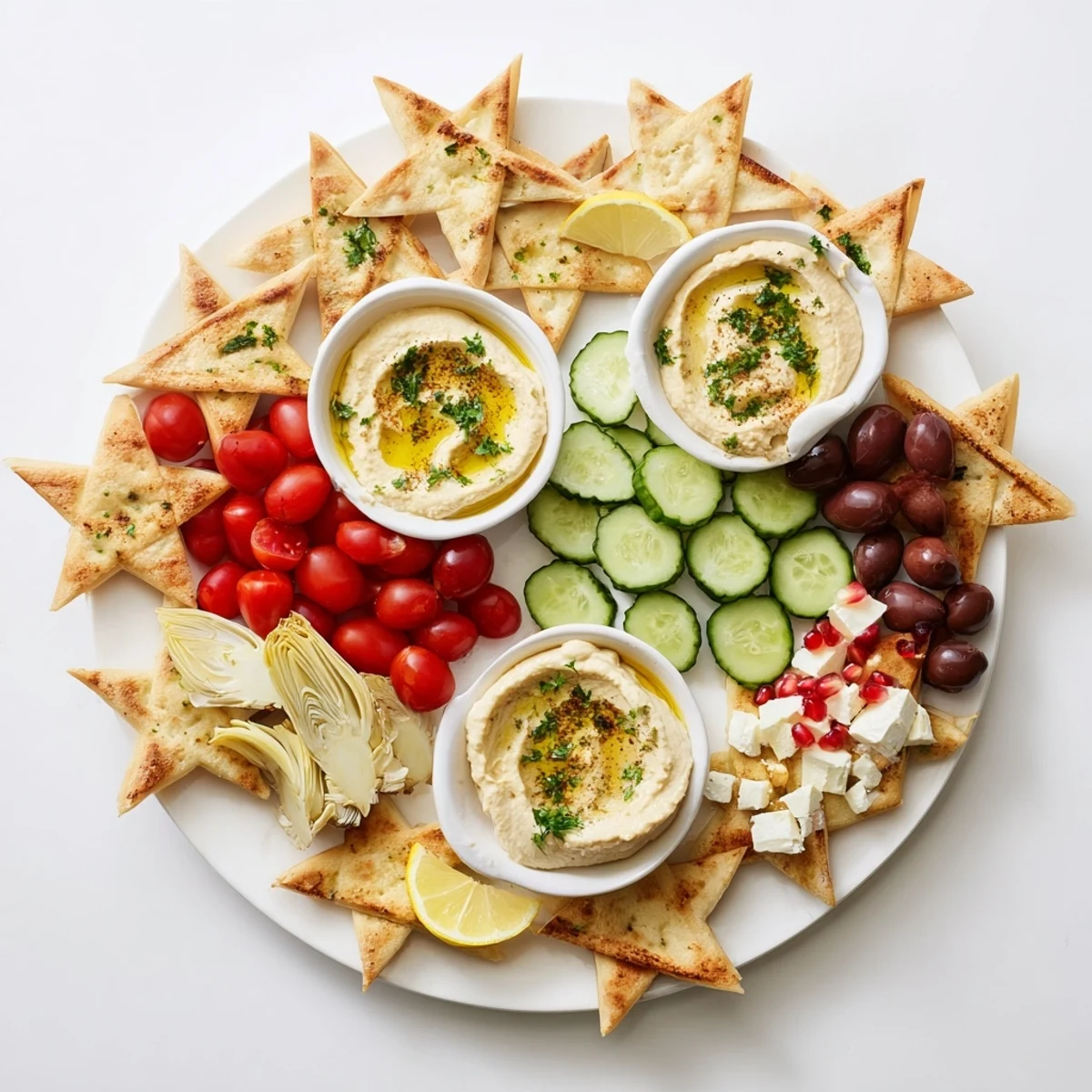 Golden, crisp Three Kings Star Pita Board arranged with colorful dips and fresh veg for a festive appetizer.