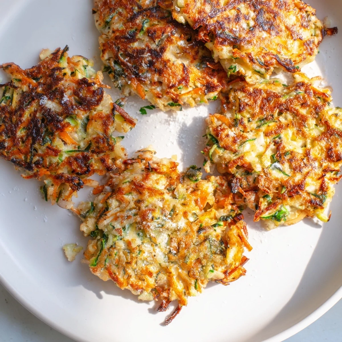 A close-up of delicious High-Protein Chicken Zucchini Fritters, showing off their crispy, golden edges and fresh herbs.