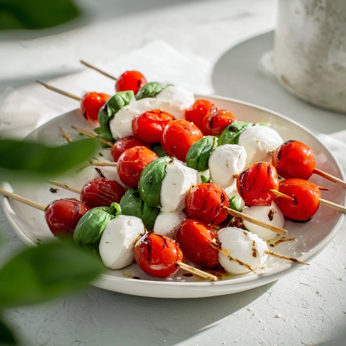 Bright red cherry tomatoes and star-shaped Caprese skewers look delicious with fresh basil.