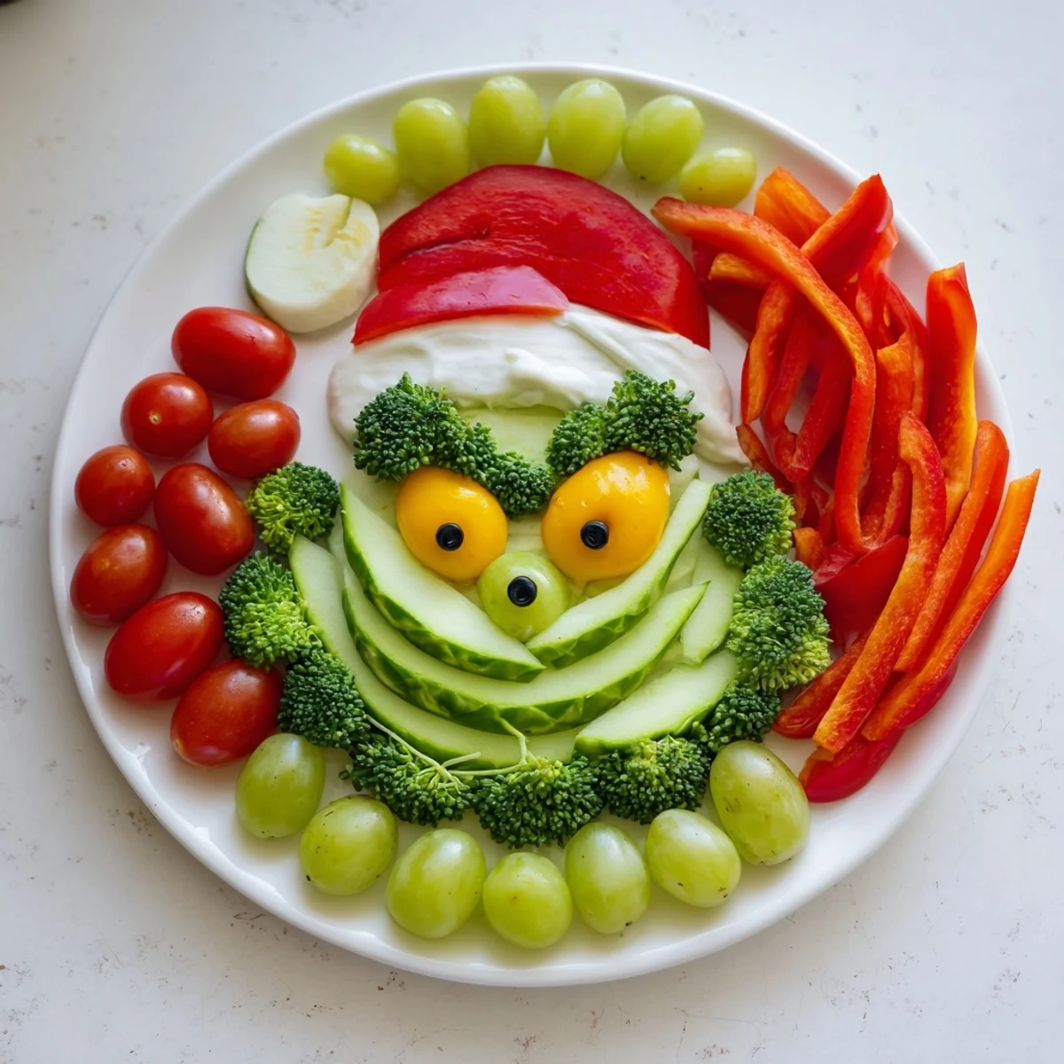Fresh, crisp Savory Crudités: Grinch Face Veggie Platter featuring a fun, healthy face for a holiday appetizer.