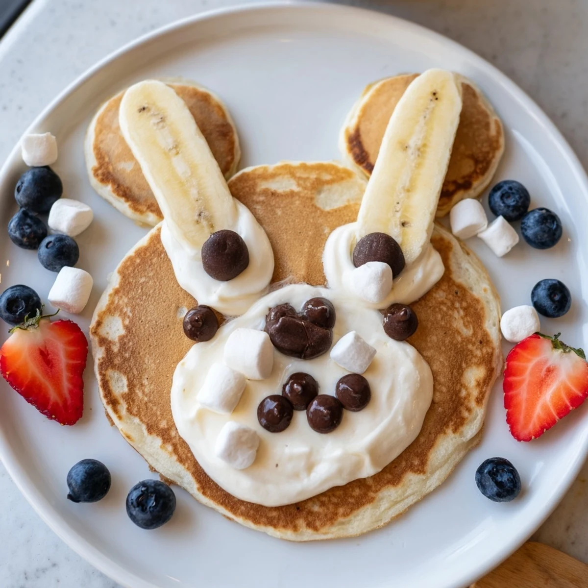 Golden, stackable Polar Bear Pancakes, a playful brunch board with fresh blueberries and whipped cream.