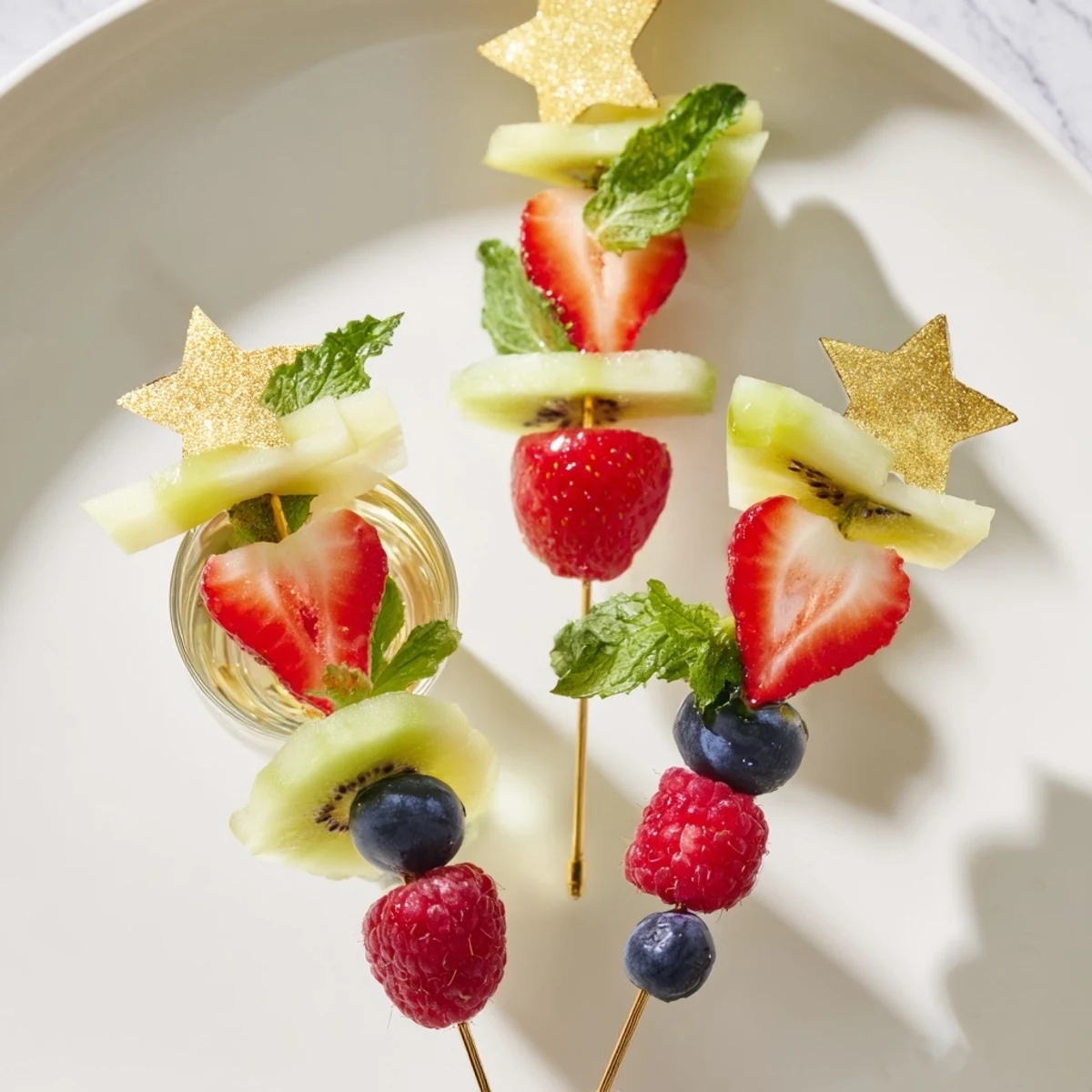 Close-up of elegant champagne flute fruit garnishes featuring fresh strawberries and kiwi, ready to serve and enjoy.