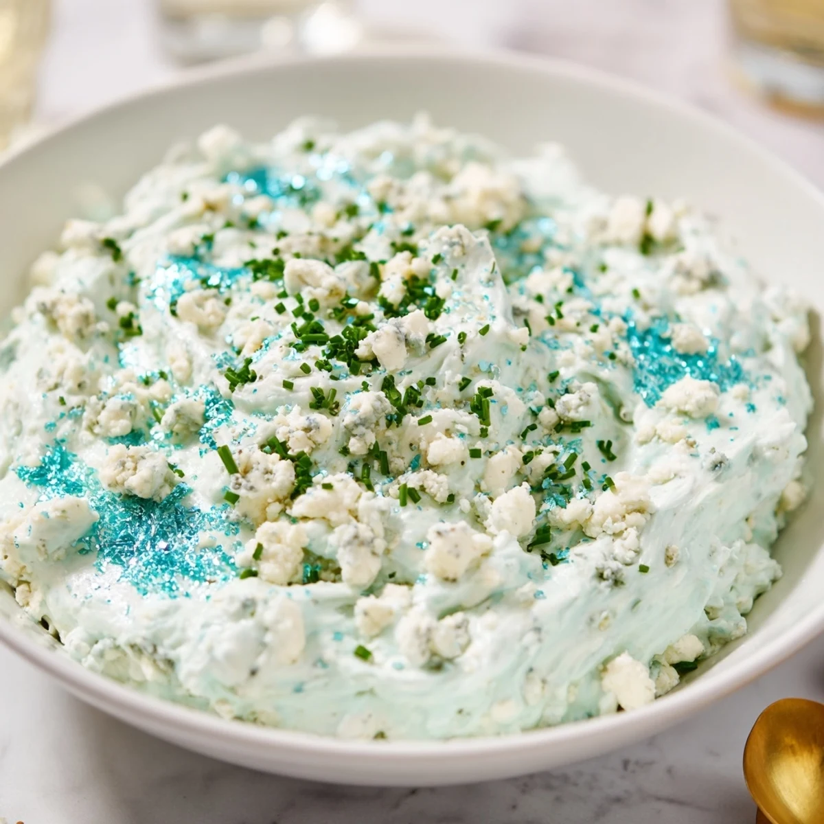 Close-up of Frozen Pond Blue Dip Platter, a beautiful, chilled party appetizer with vibrant dippers.