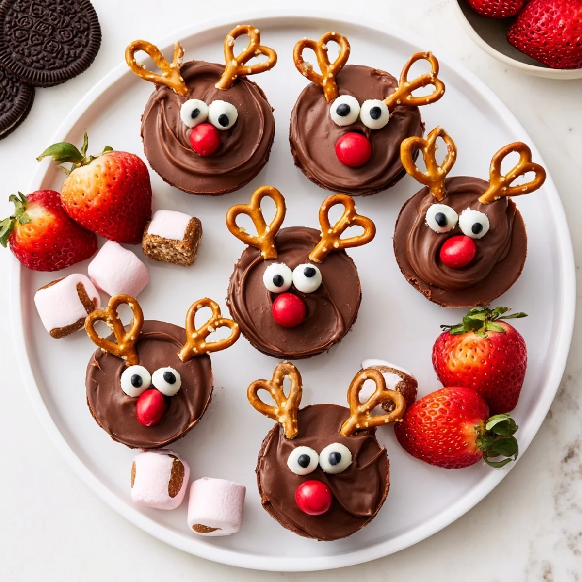 Chocolate Reindeer Pudding Cups presented on a festive board, a sweet, fun dessert perfect for holidays.