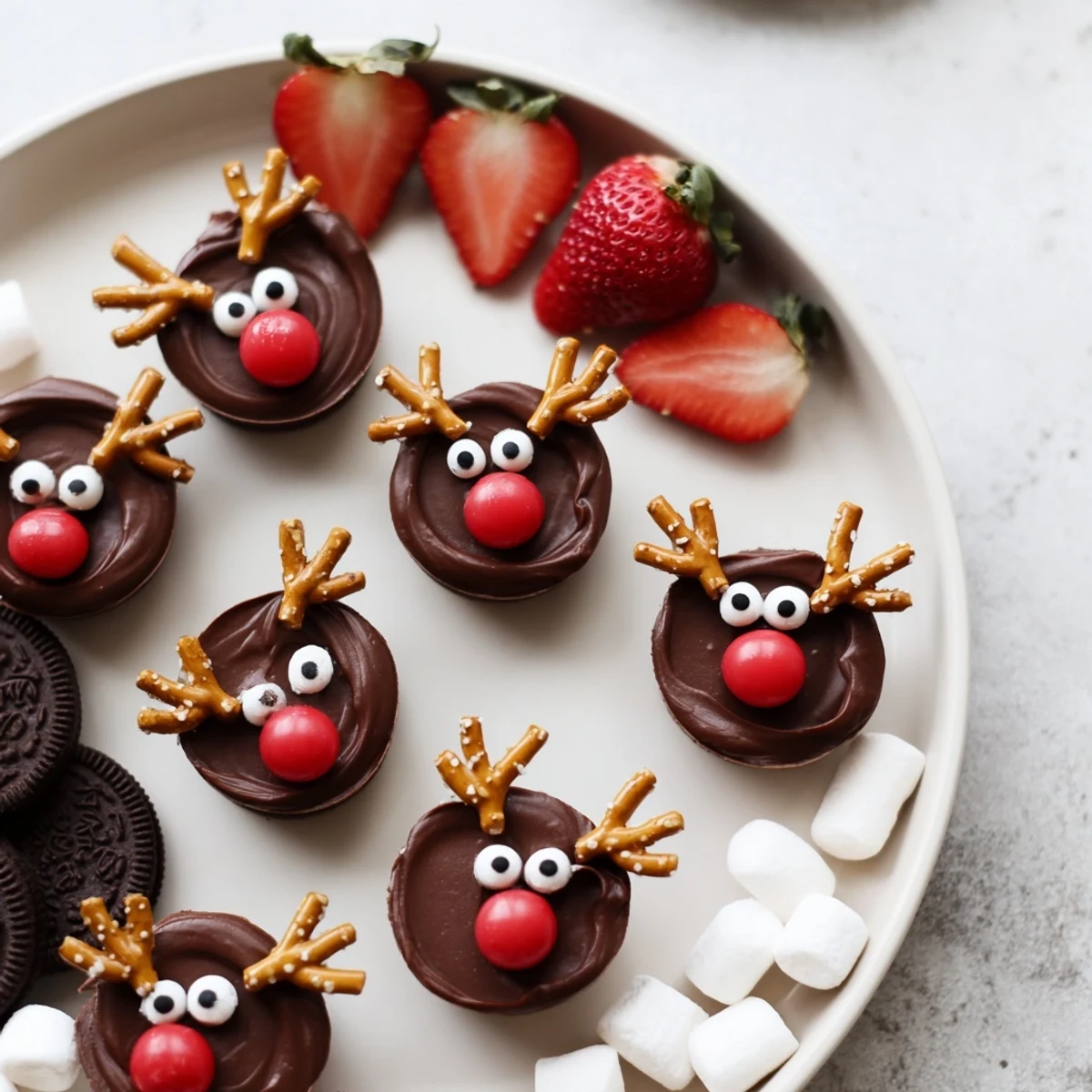 Decorated chocolate reindeer pudding cups with pretzels and candy features, ready to eat alongside treats.
