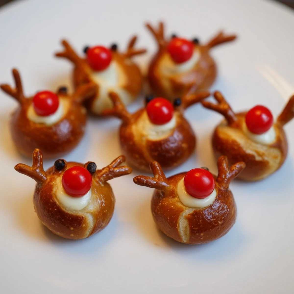 Bright red nose pretzel bites, Rudolf's iconic snack, with cheesy centers and festive flair for the holidays.