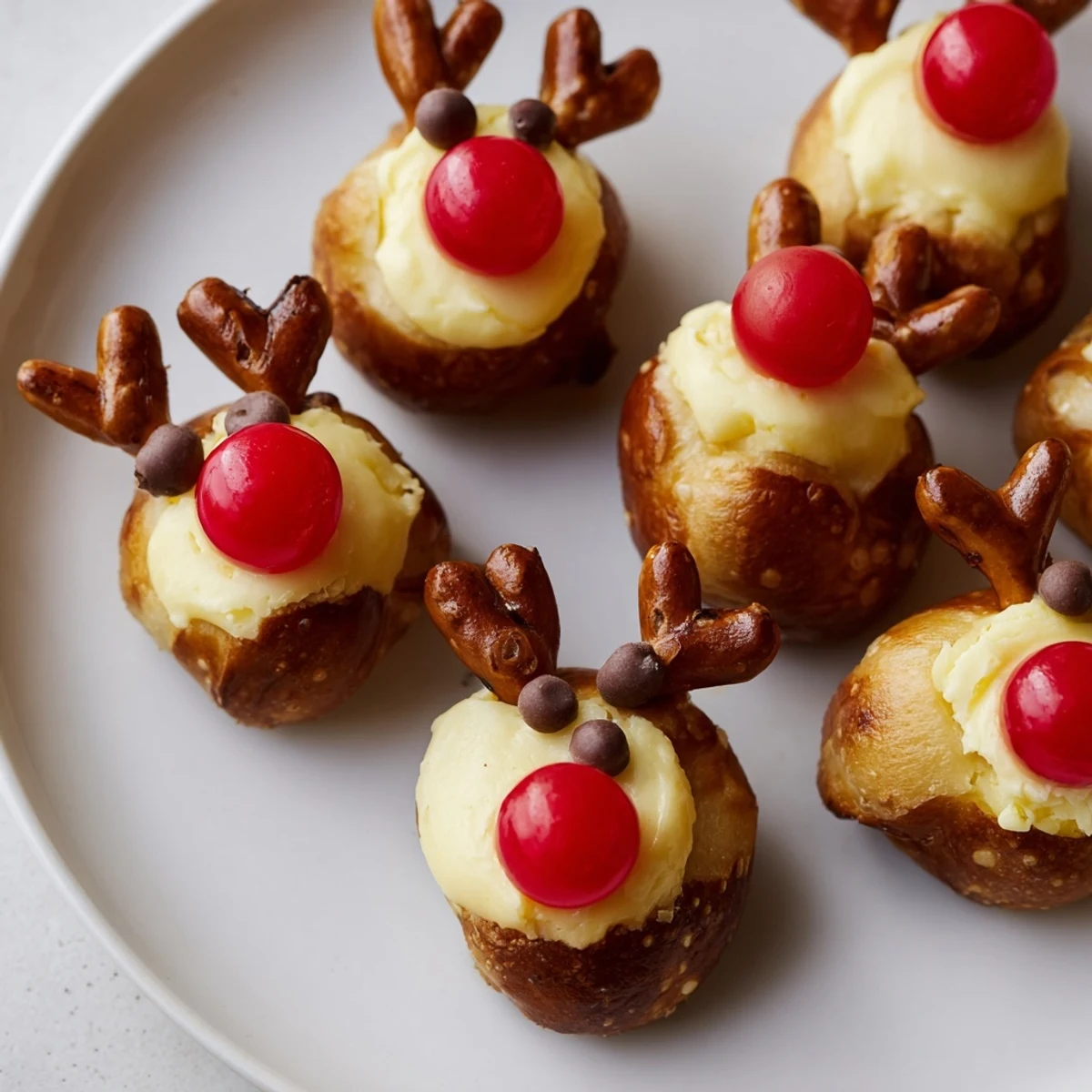 Warm and bubbly Rudolf's Red Nose Pretzel Bites, golden brown with red candy noses, a fun holiday appetizer.