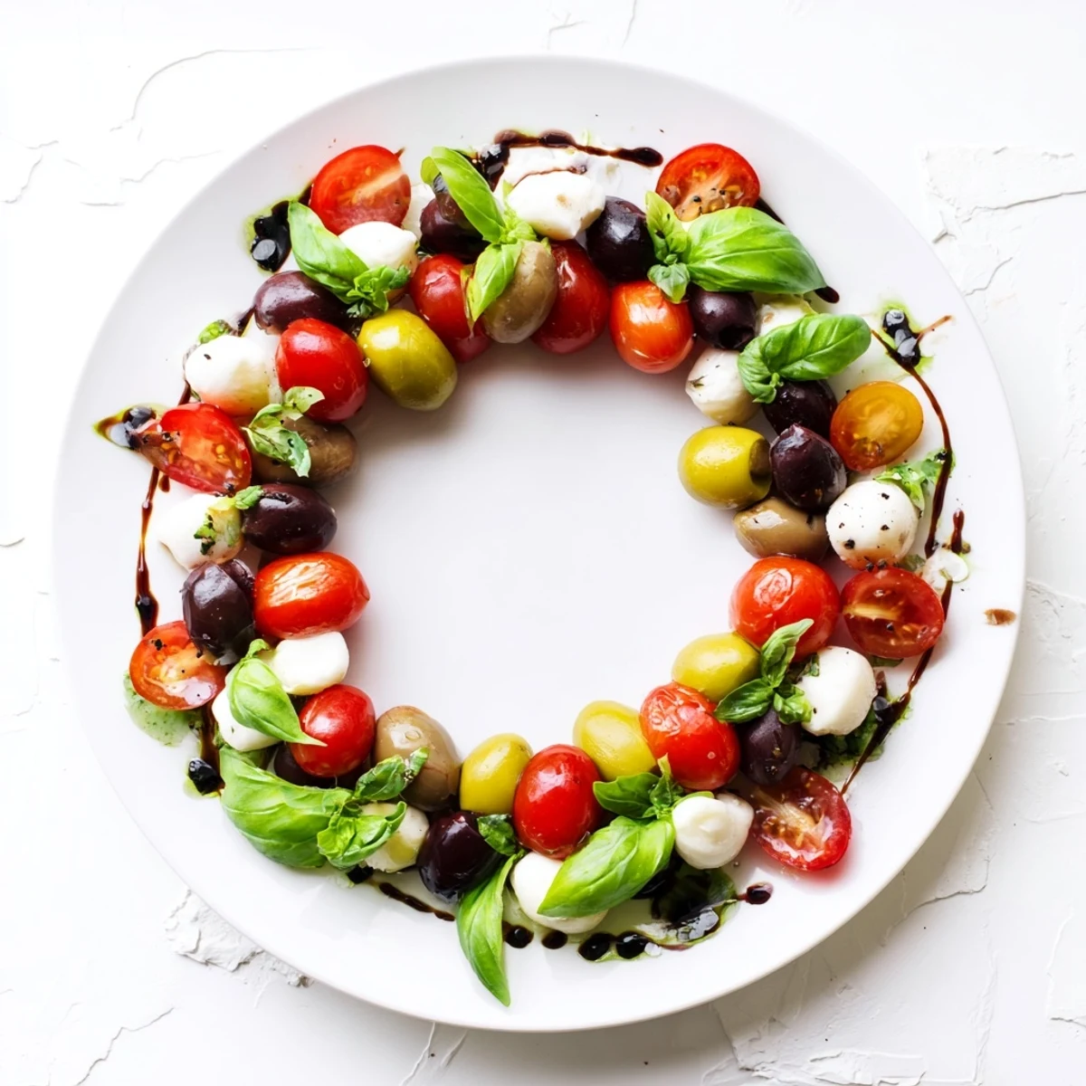 Festive Olive and Cherry Tomato Wreath appetizer, bursting with Mediterranean flavors and a vibrant display.