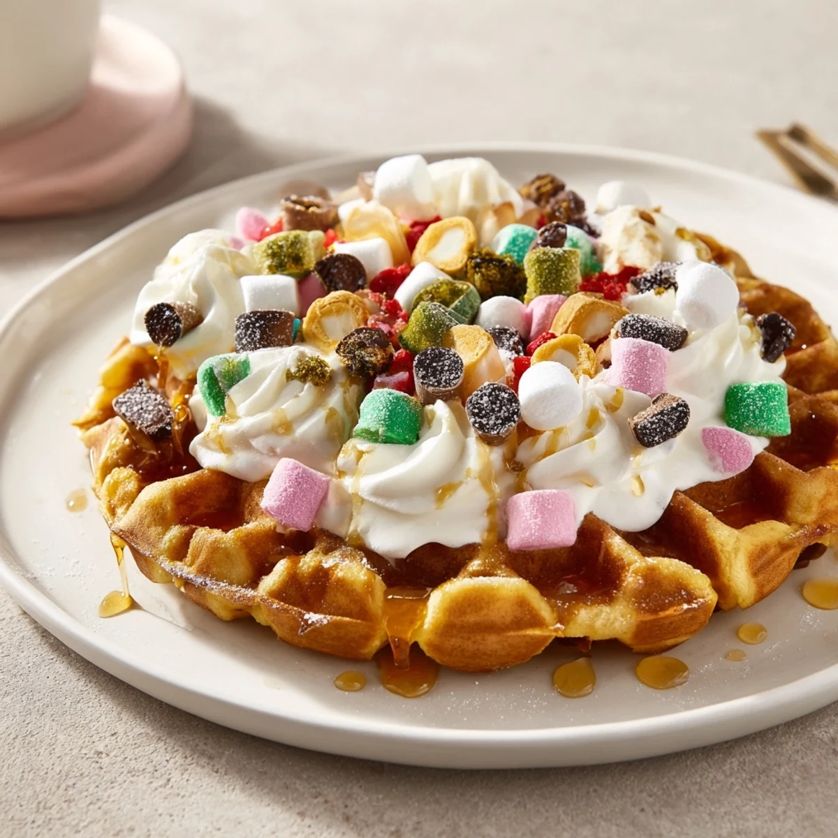 Warm gingerbread house waffles, ready for topping, make a fun breakfast for everyone to enjoy.