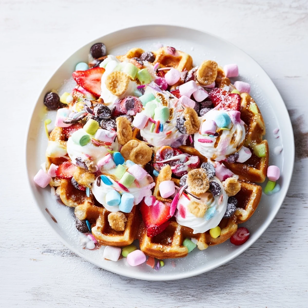 Golden-brown gingerbread house waffles on a plate, surrounded by colorful candies and fruits to decorate.