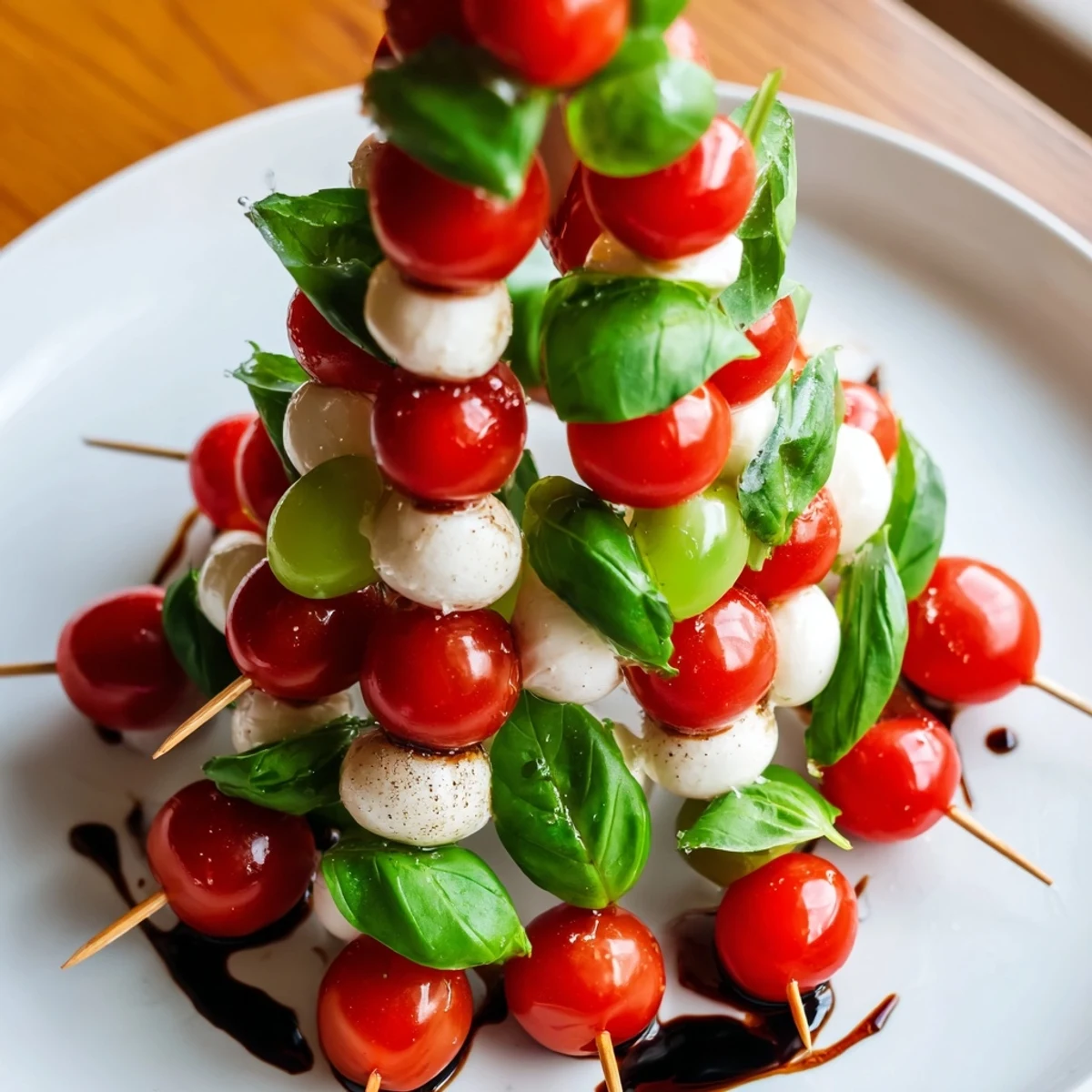 Vibrant Caprese Skewer Tree, featuring red and green tomatoes, mozzarella, and fresh basil, ready to serve.
