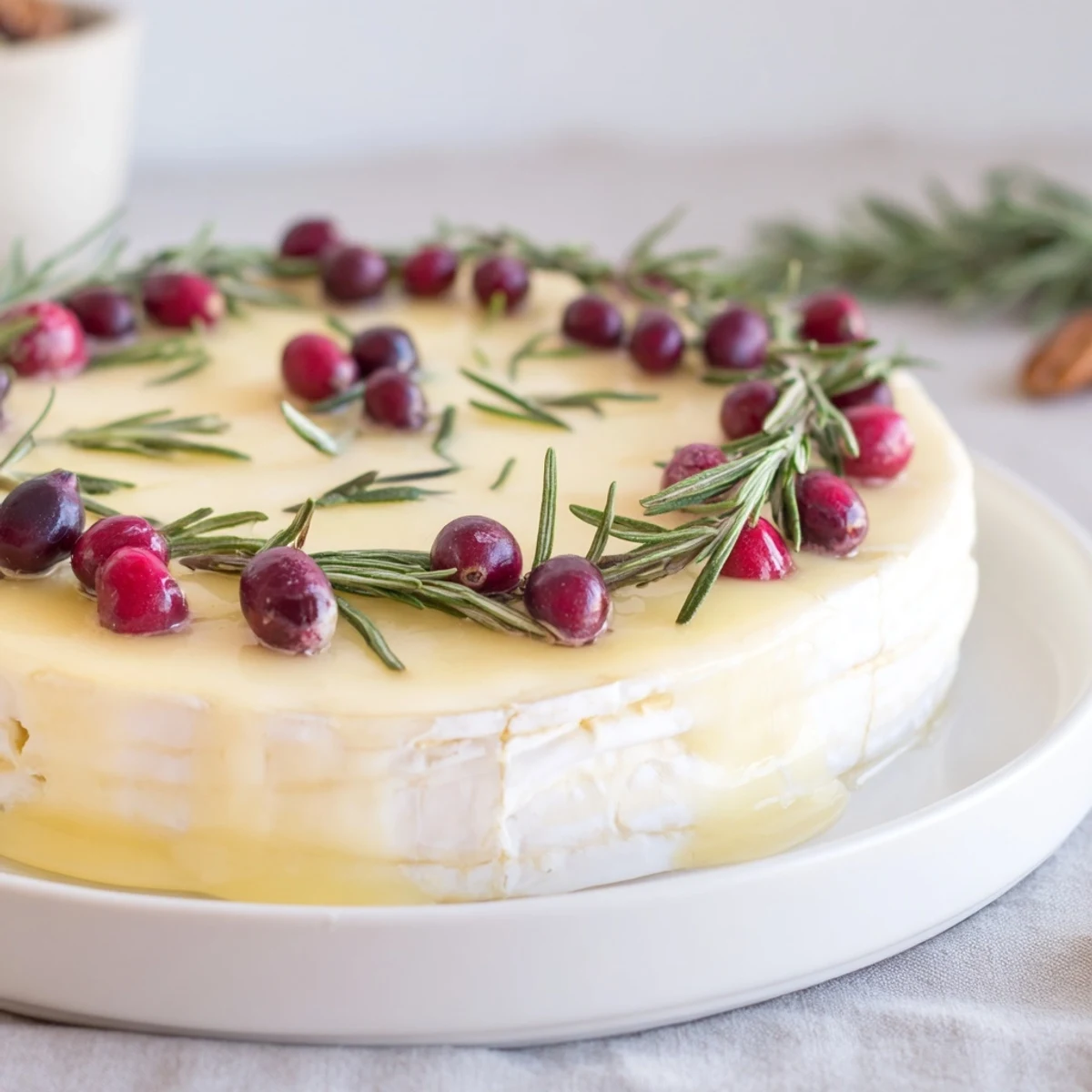 Warm and melty Brie Cheese Wheel with a vibrant rosemary wreath, ready for dipping and enjoying.
