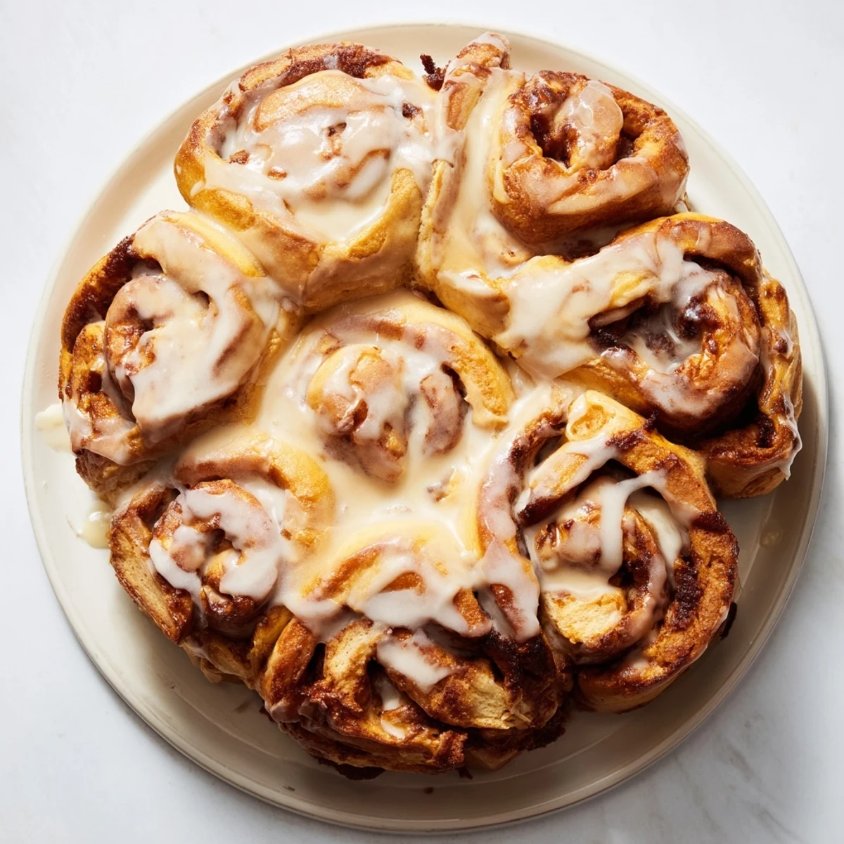 Golden-brown cinnamon roll pull-apart wreath: a delicious, shareable brunch bread with sweet icing.