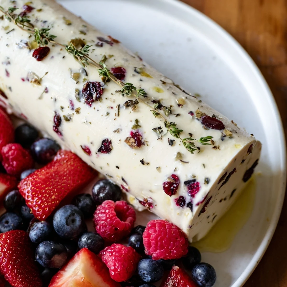 Creamy cranberry & goat cheese log, scattered with fresh berries, ready to be spread on crackers.