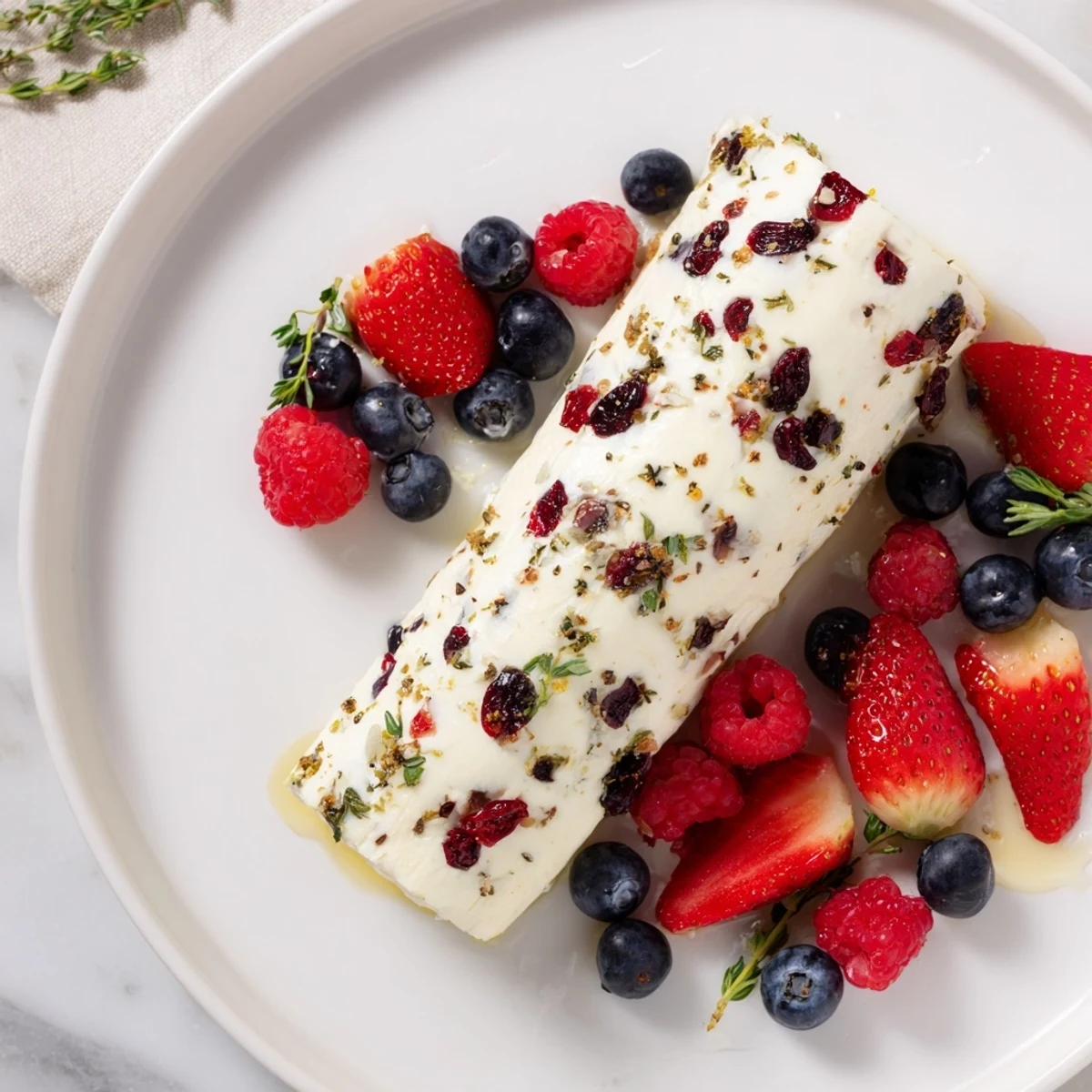 Elegant serving of a cranberry & goat cheese log with refreshing berries, perfect for a party appetizer.