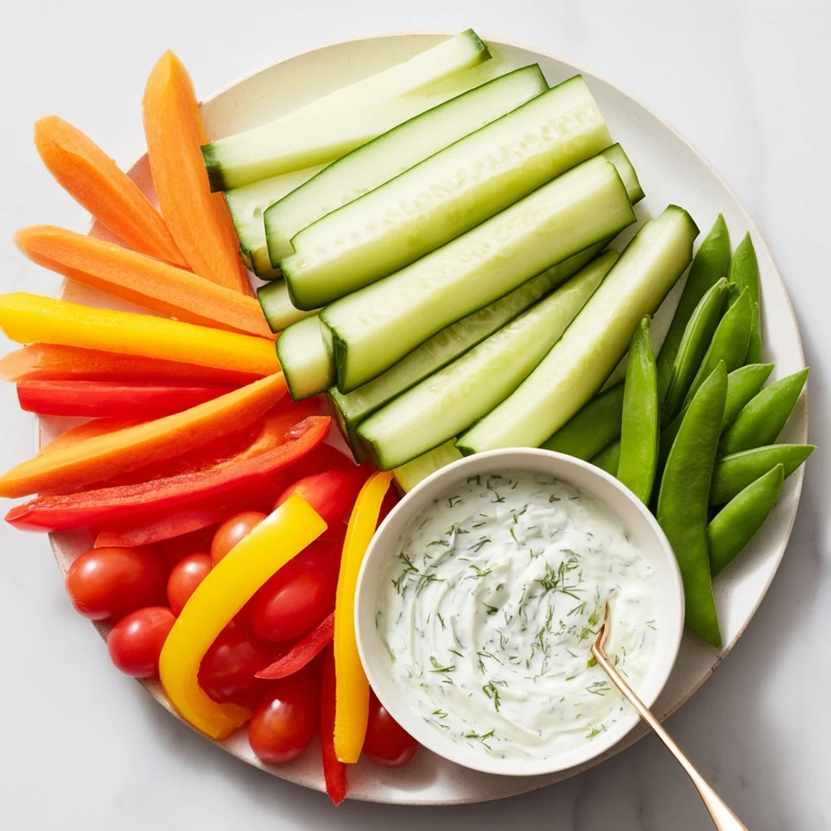 Fresh Veggie Platter: Fan-shaped cucumbers and carrots create a colorful, refreshing appetizer, perfect for a party.