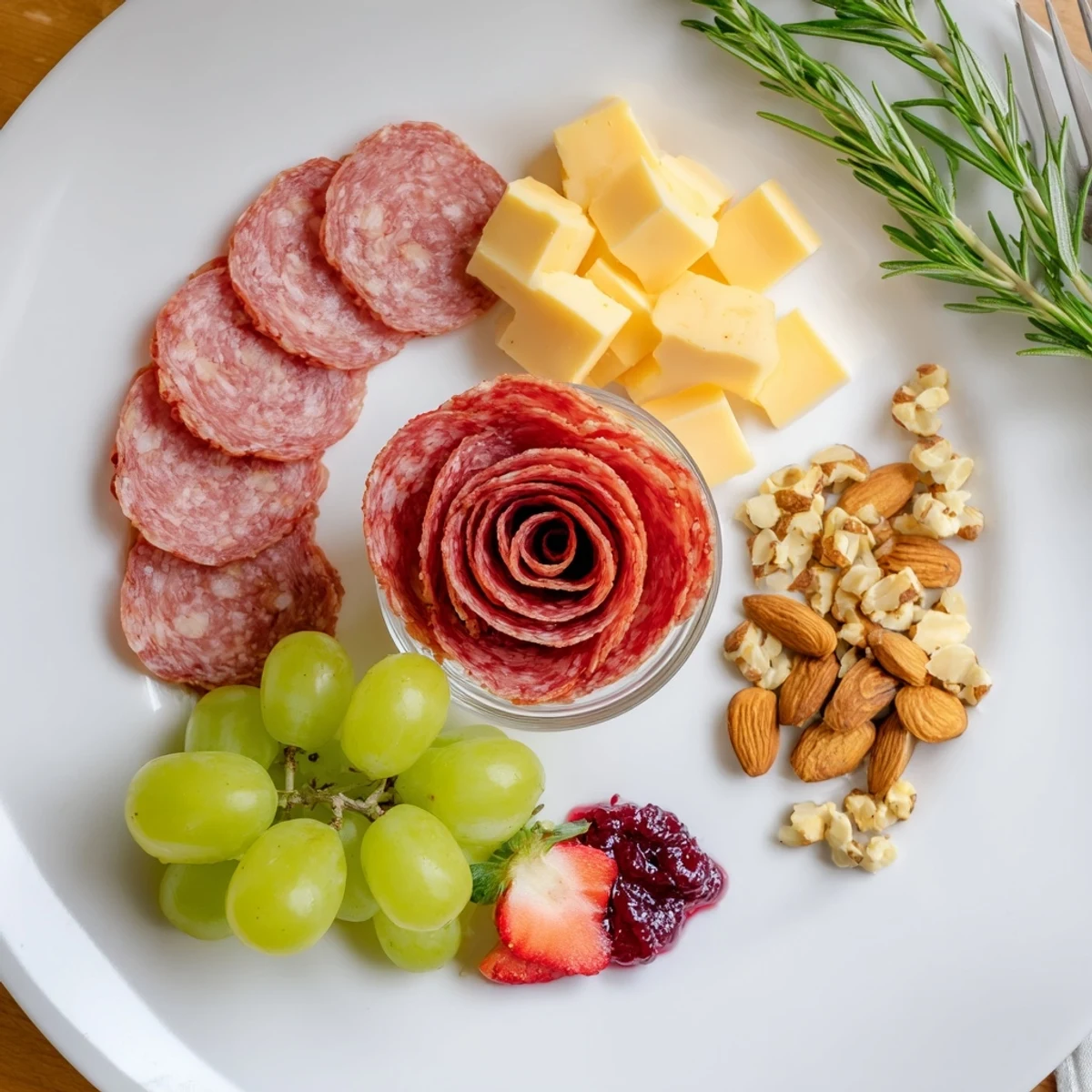 Easy Charcuterie: Salami Rose board with vibrant fruits, cheeses, a stunning single serving appetizer.