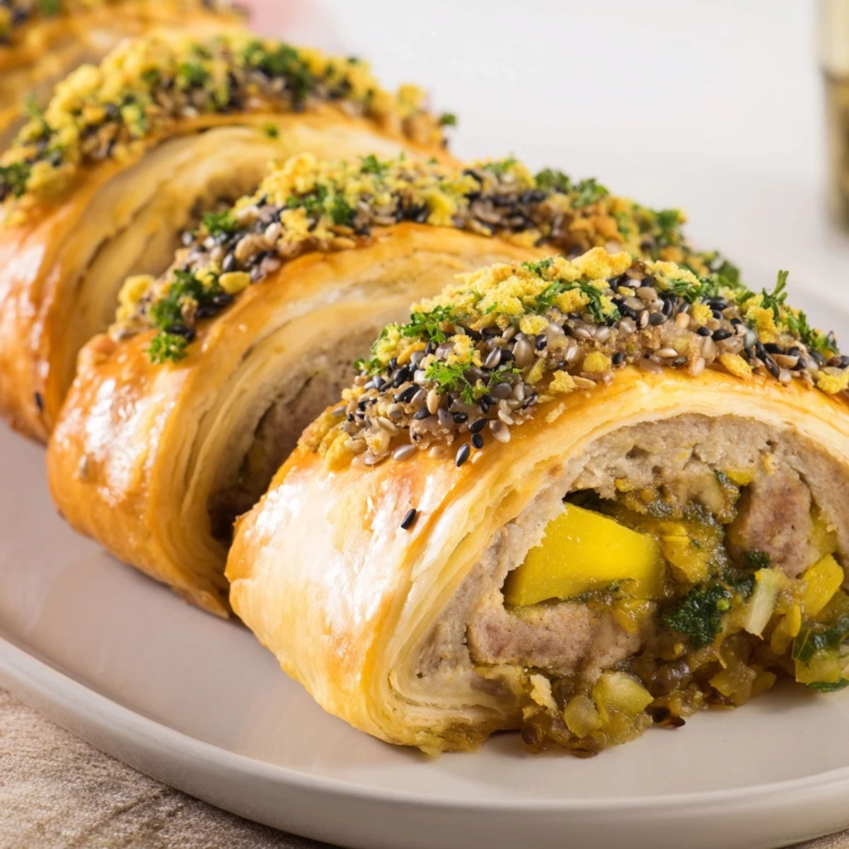 Golden mini sausage roll wreath, flaky pastry and savory sausage, ready to be enjoyed with mustard.