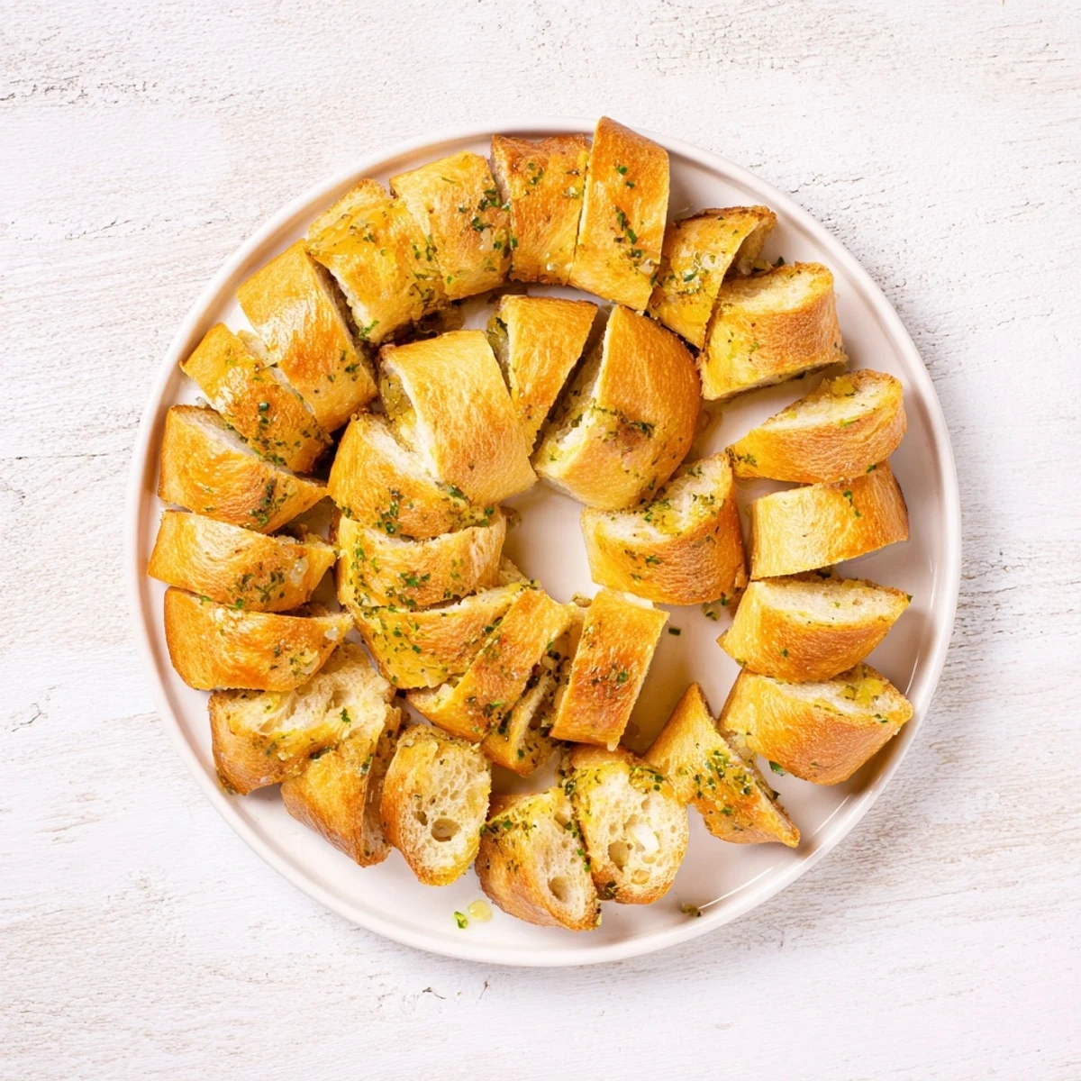 Golden, crisp baguette slices arranged in a circle, ready to complement your favorite appetizer dips.
