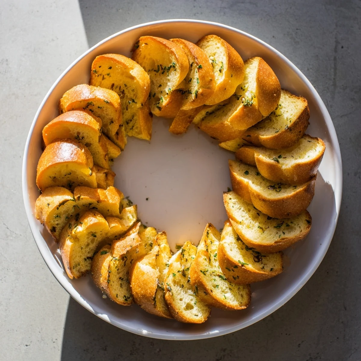 Freshly baked Simple Bread baguette slices; inviting aroma with optional herb and garlic garnish.