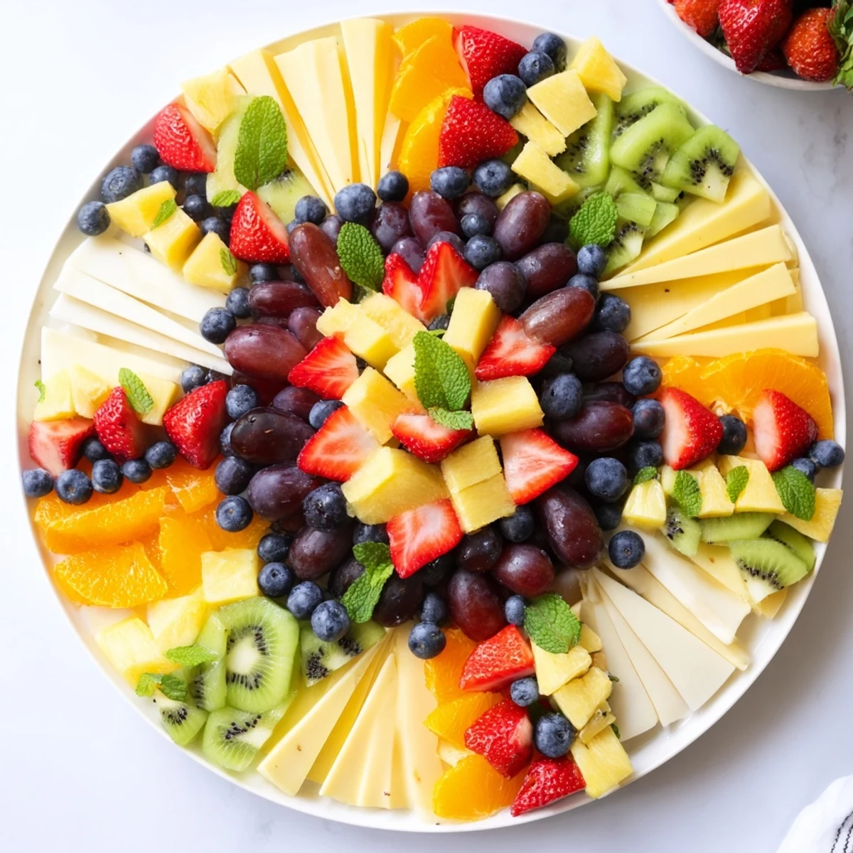 Vibrant kaleidoscope circle platter of fresh fruit and cheese, perfect for a gathering appetizer.