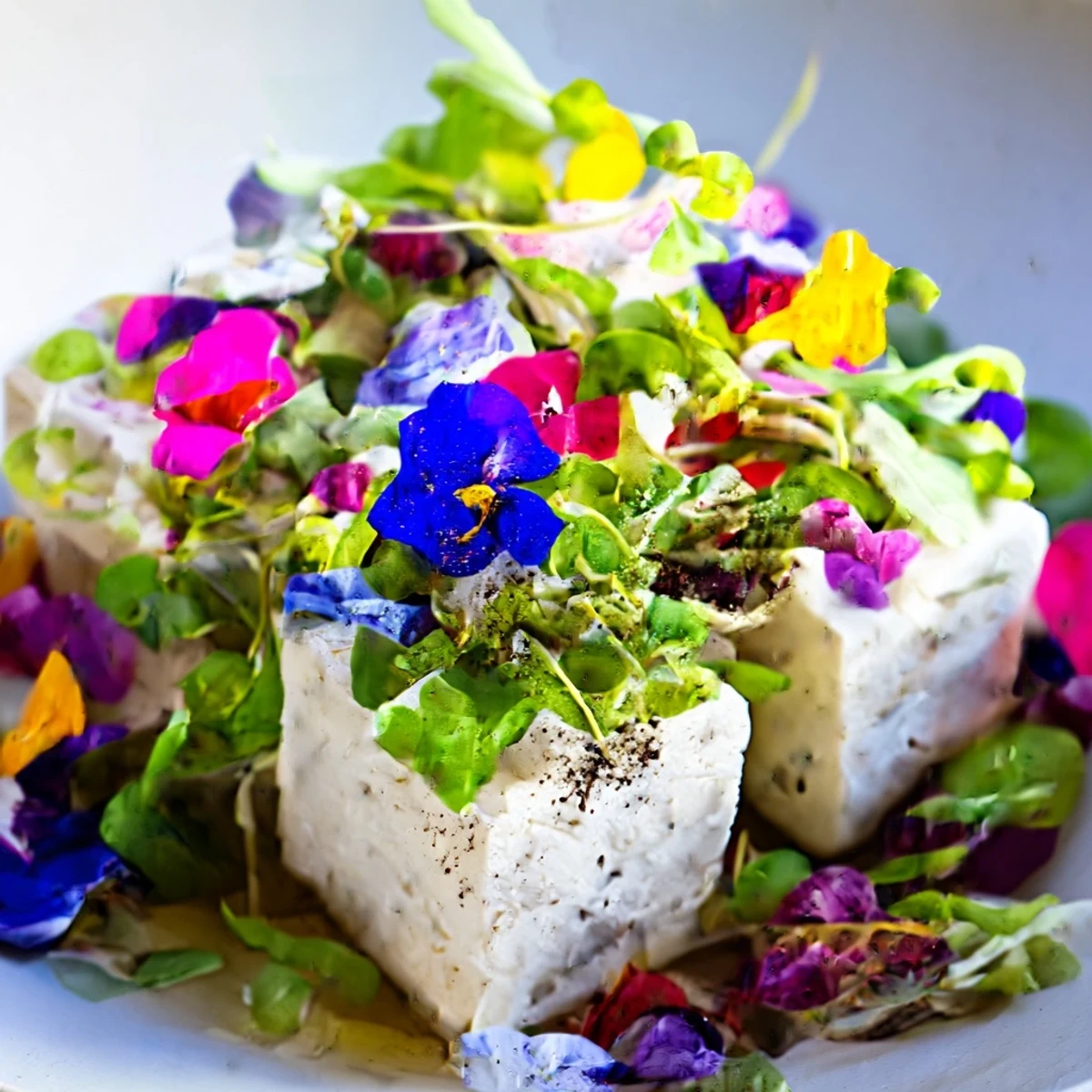 Vibrant edible flowers and microgreens crown the cheese cubes in the elegant The Secret Garden.