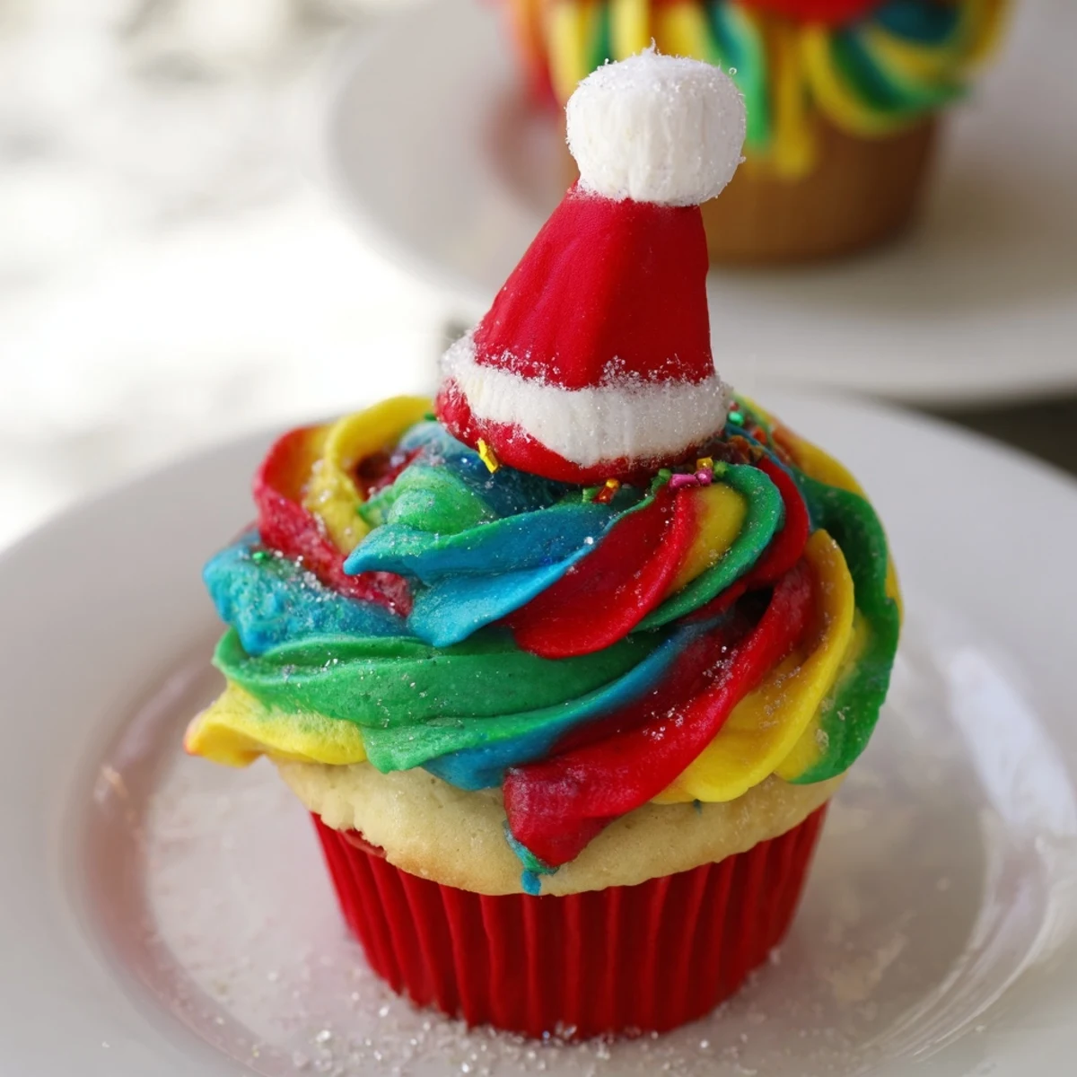 Vibrant Elf Hat Cupcake Tower: Festive, frosted cupcakes topped with colorful edible hat decorations, delicious and fun.