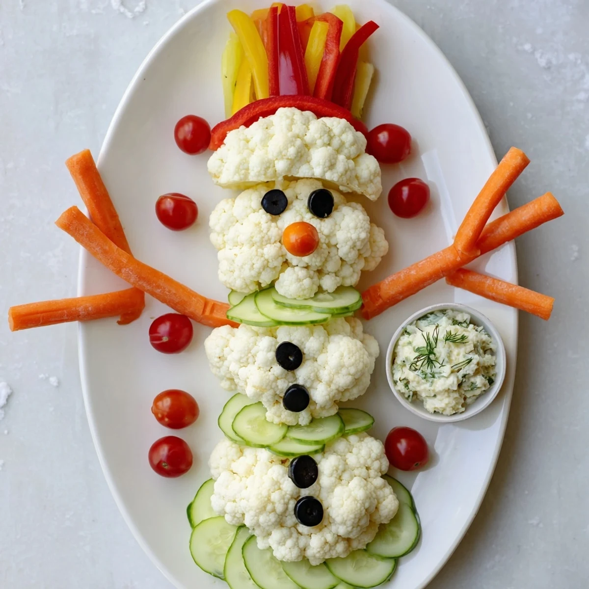 Snowman Crudités with Dip: A festive platter of colorful vegetables arranged like a charming snowman.