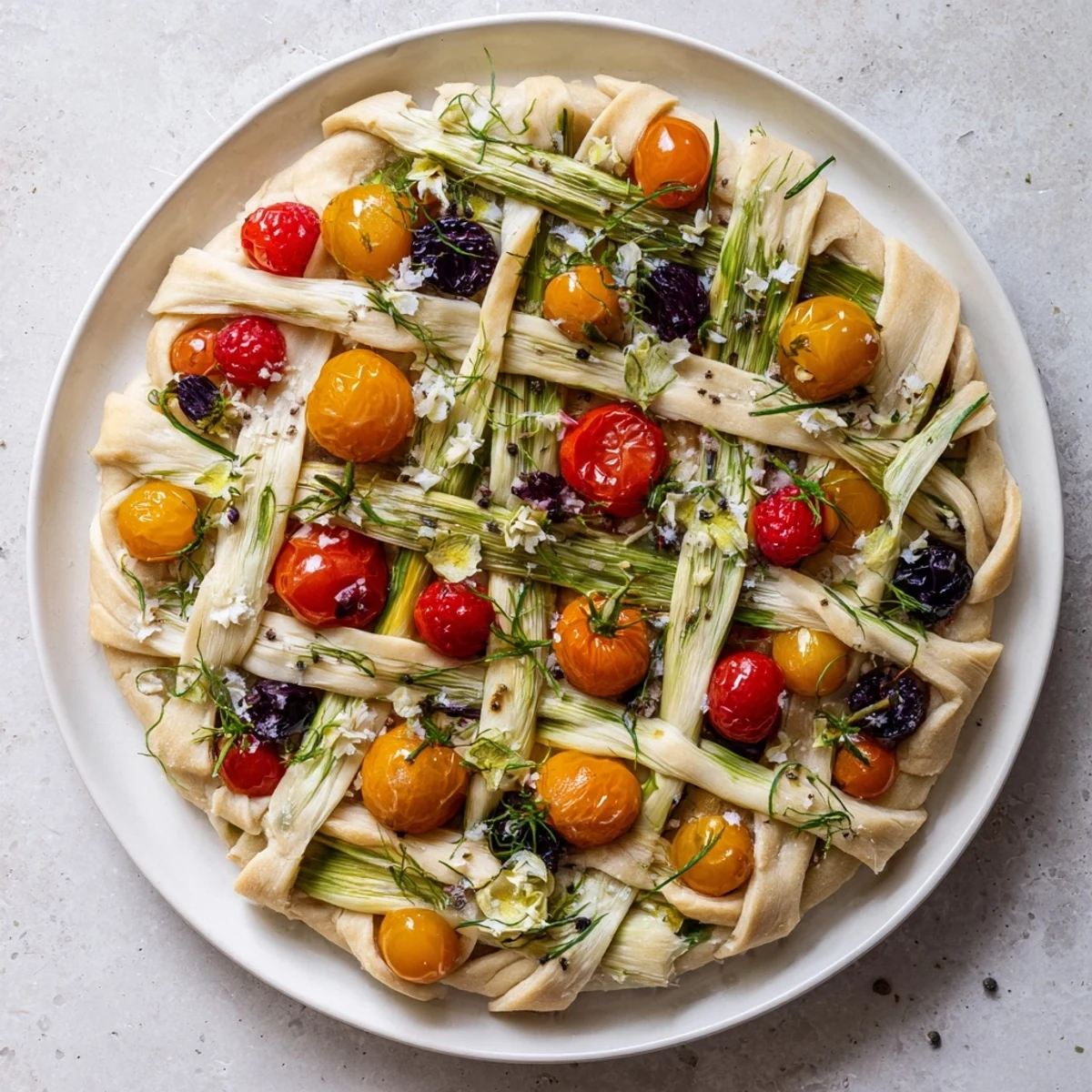 Bright green asparagus lattice appetizer bursting with fresh berries, a beautiful "The Botanical Lattice".