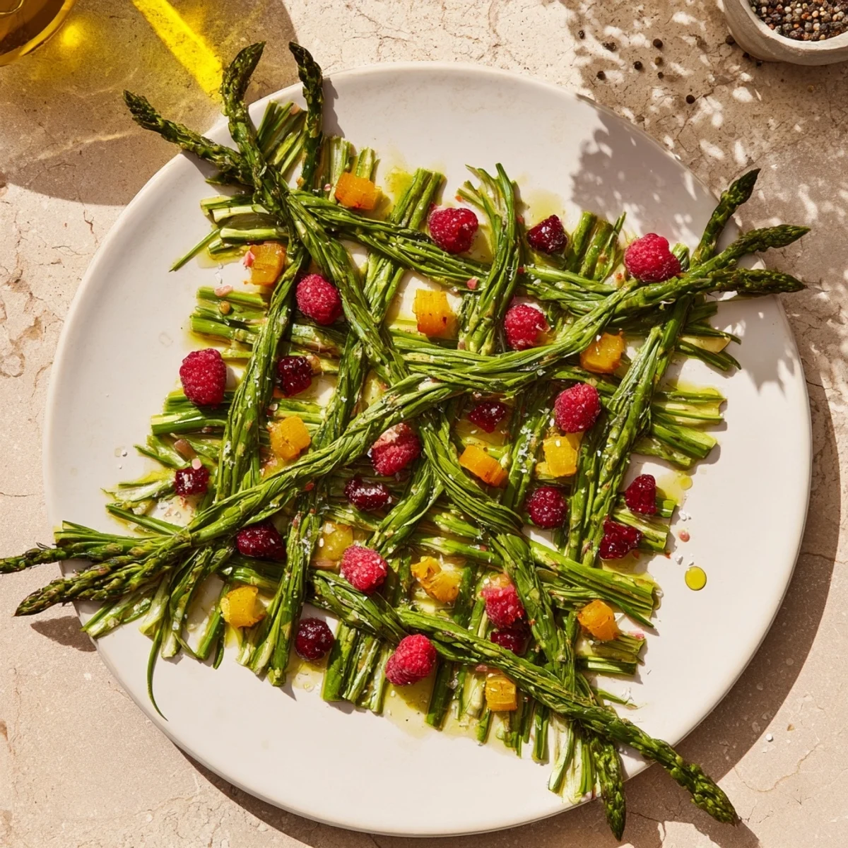 Vibrant "The Botanical Lattice" starter: asparagus woven with chives, filled with colorful springtime fruit.