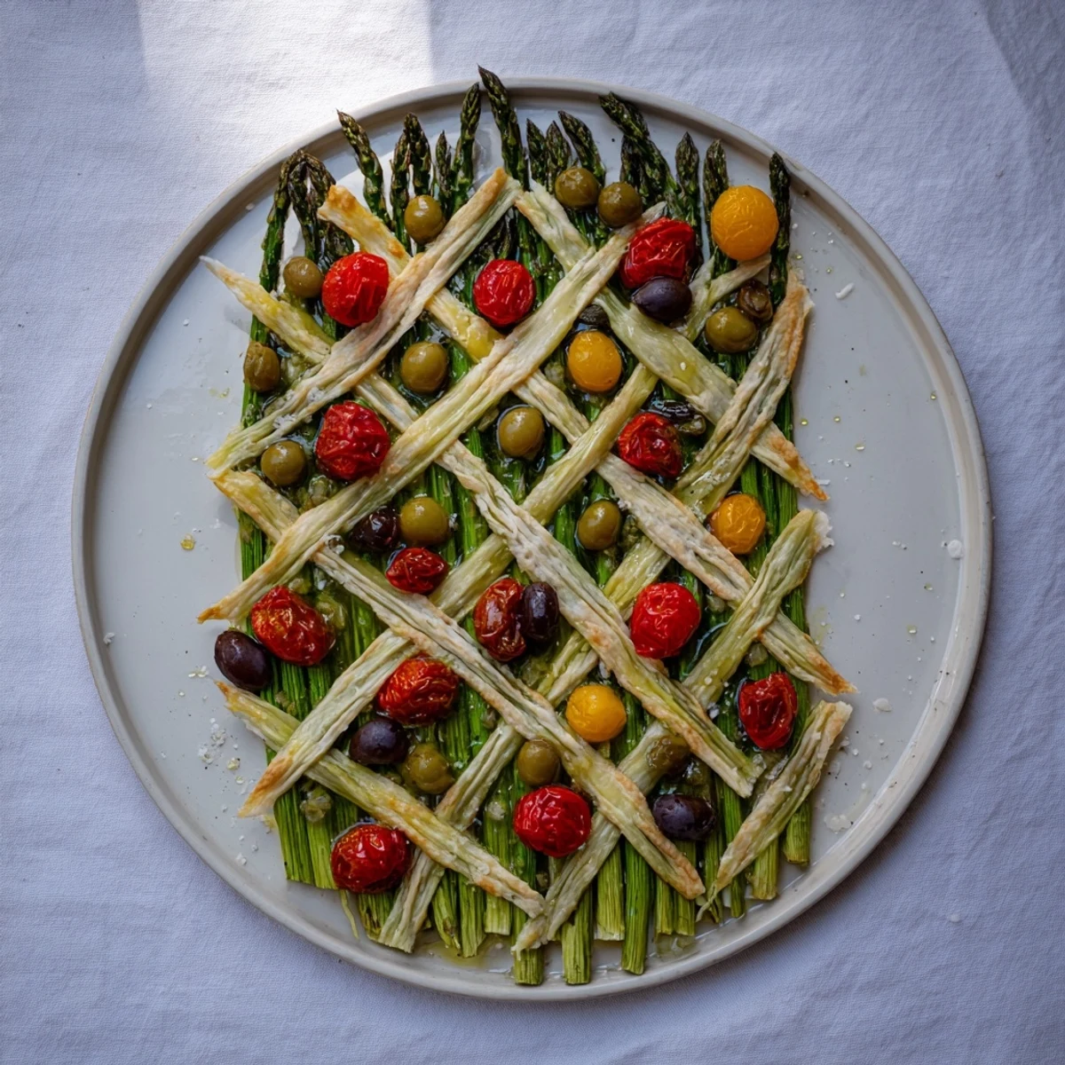 Close-up of "The Botanical Lattice," a gluten-free appetizer featuring asparagus and juicy summer berries.
